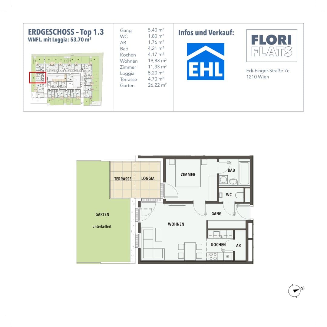 Grundriss 3 — Flori Flats — 2 Zimmer — 48,5 m² — EG