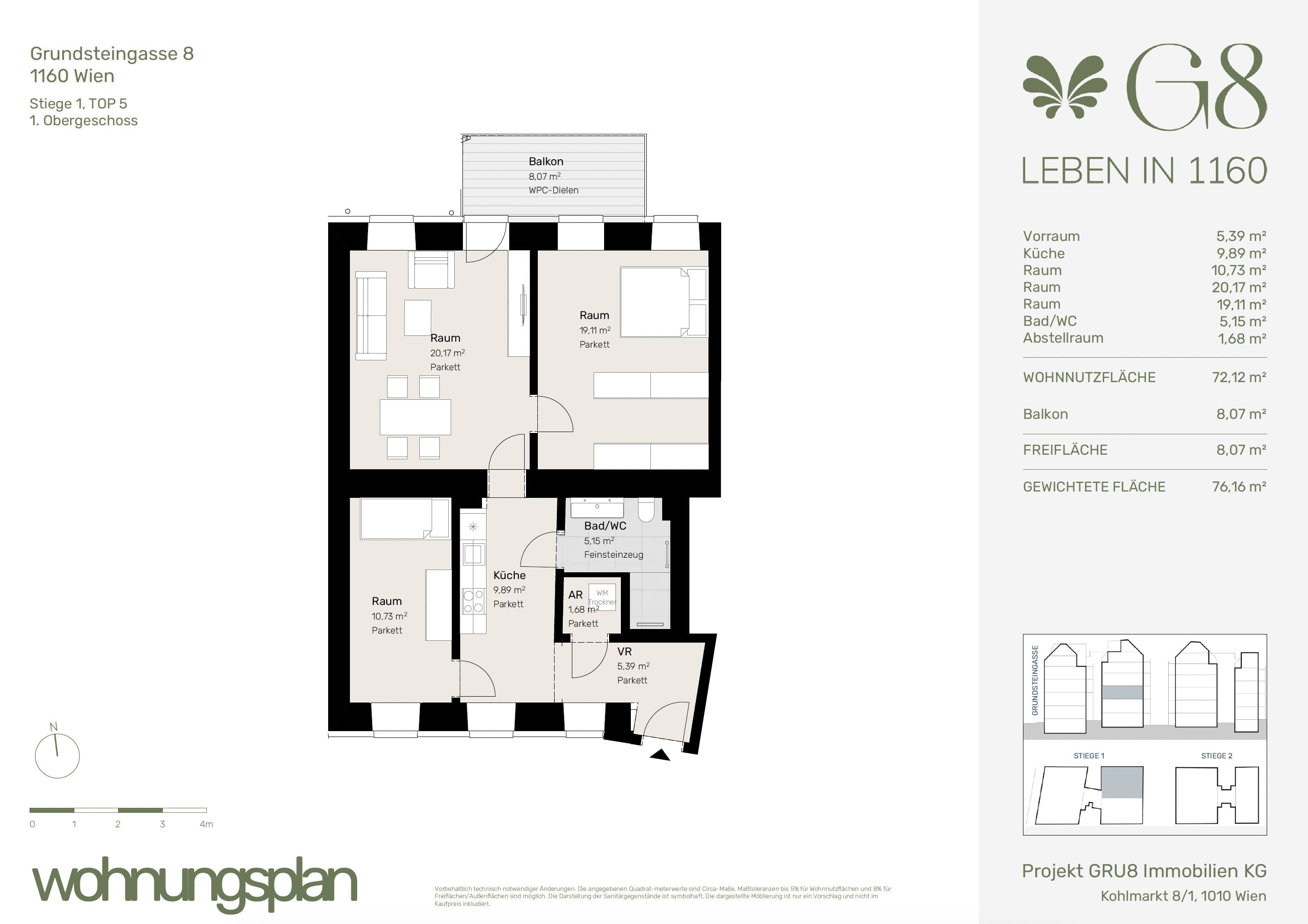 Grundriss Top 1/5 — G8 Living — 3 Zimmer — 72,1 m² — 1. OG