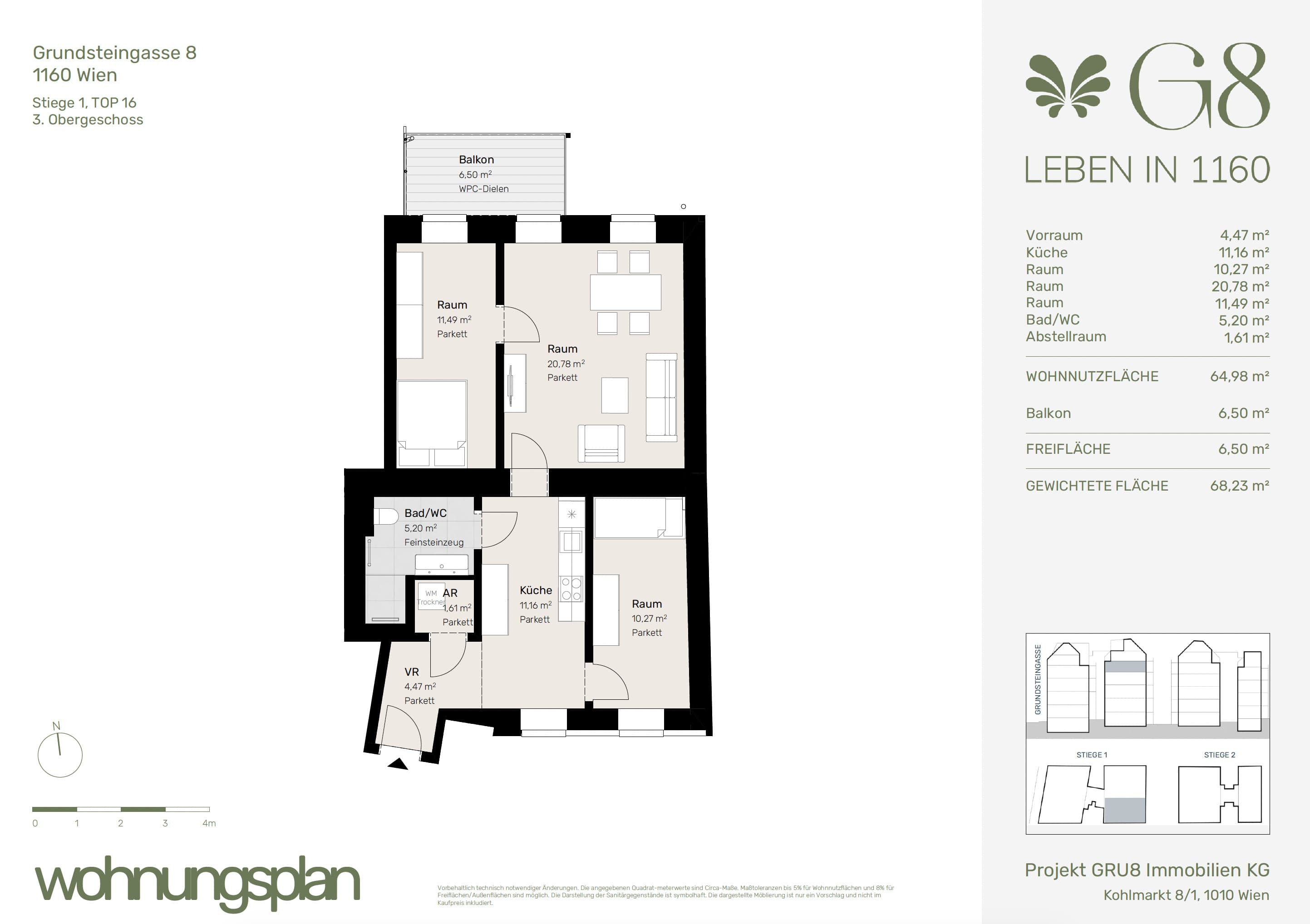 Grundriss Top 1/16 — G8 Living — 3 Zimmer — 65 m² — 3. OG