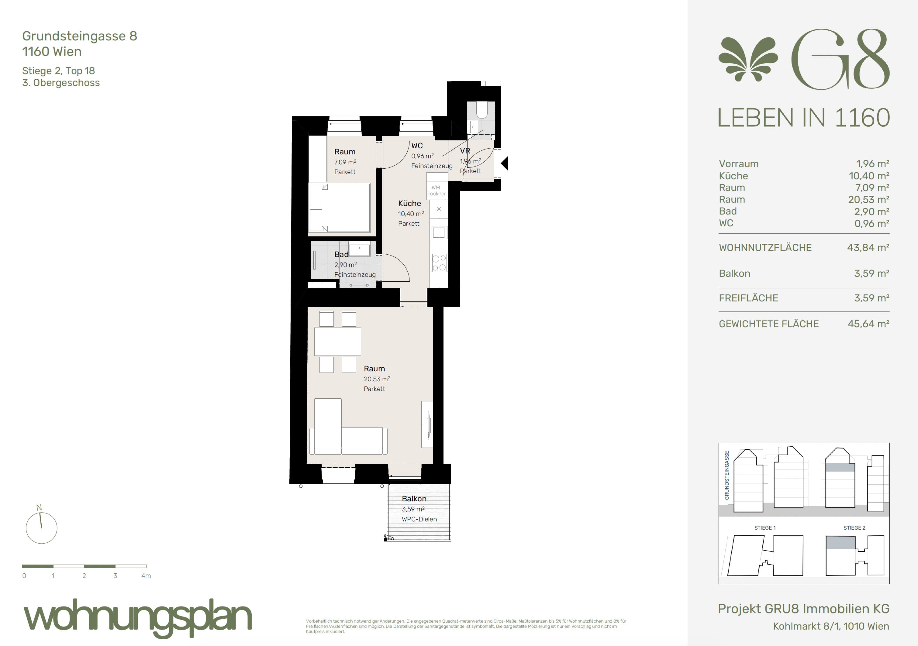 Grundriss Top 2/18 — G8 Living — 2 Zimmer — 43,8 m² — 3. OG