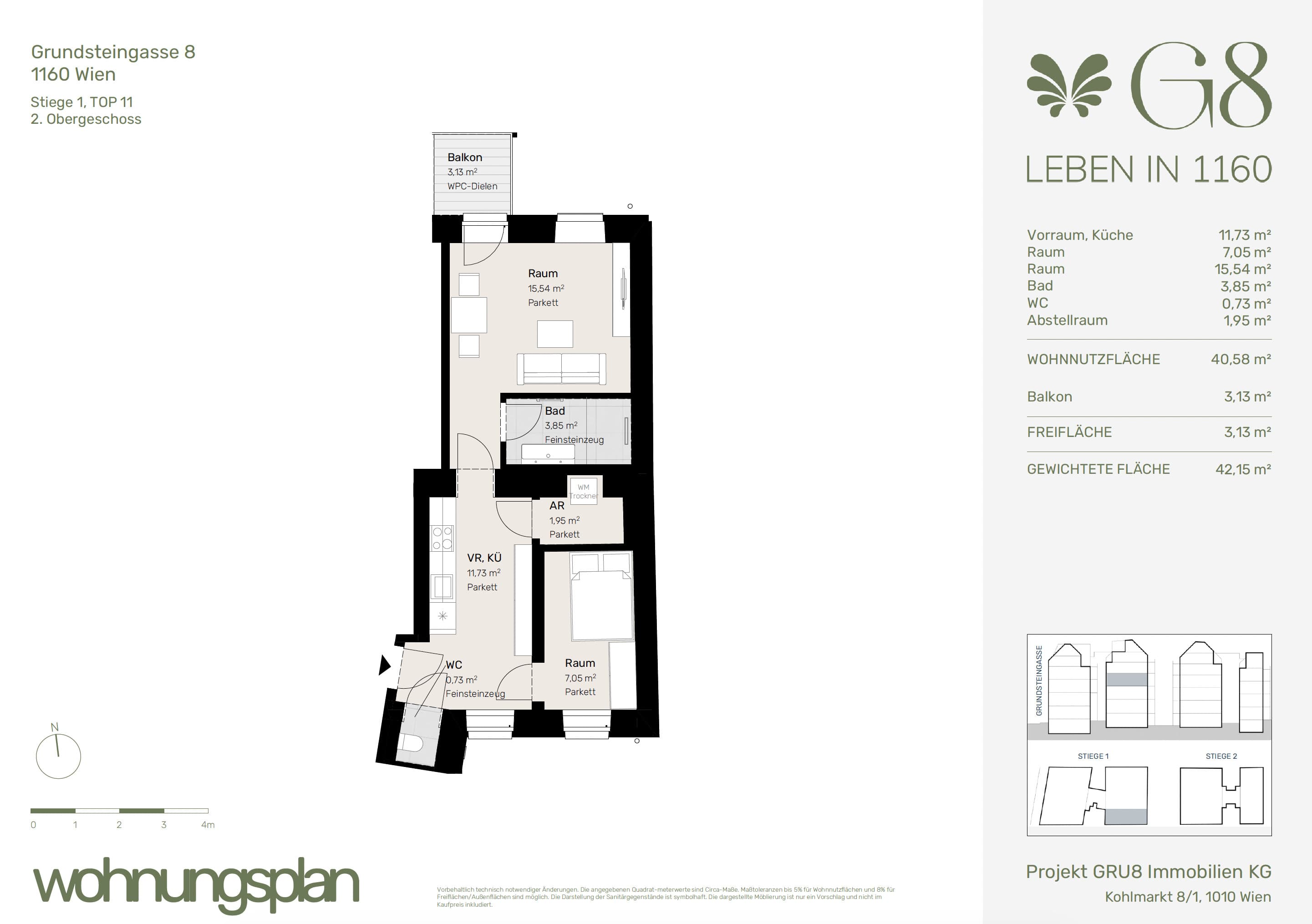 Grundriss Top 1/11 — G8 Living — 2 Zimmer — 40,6 m² — 2. OG
