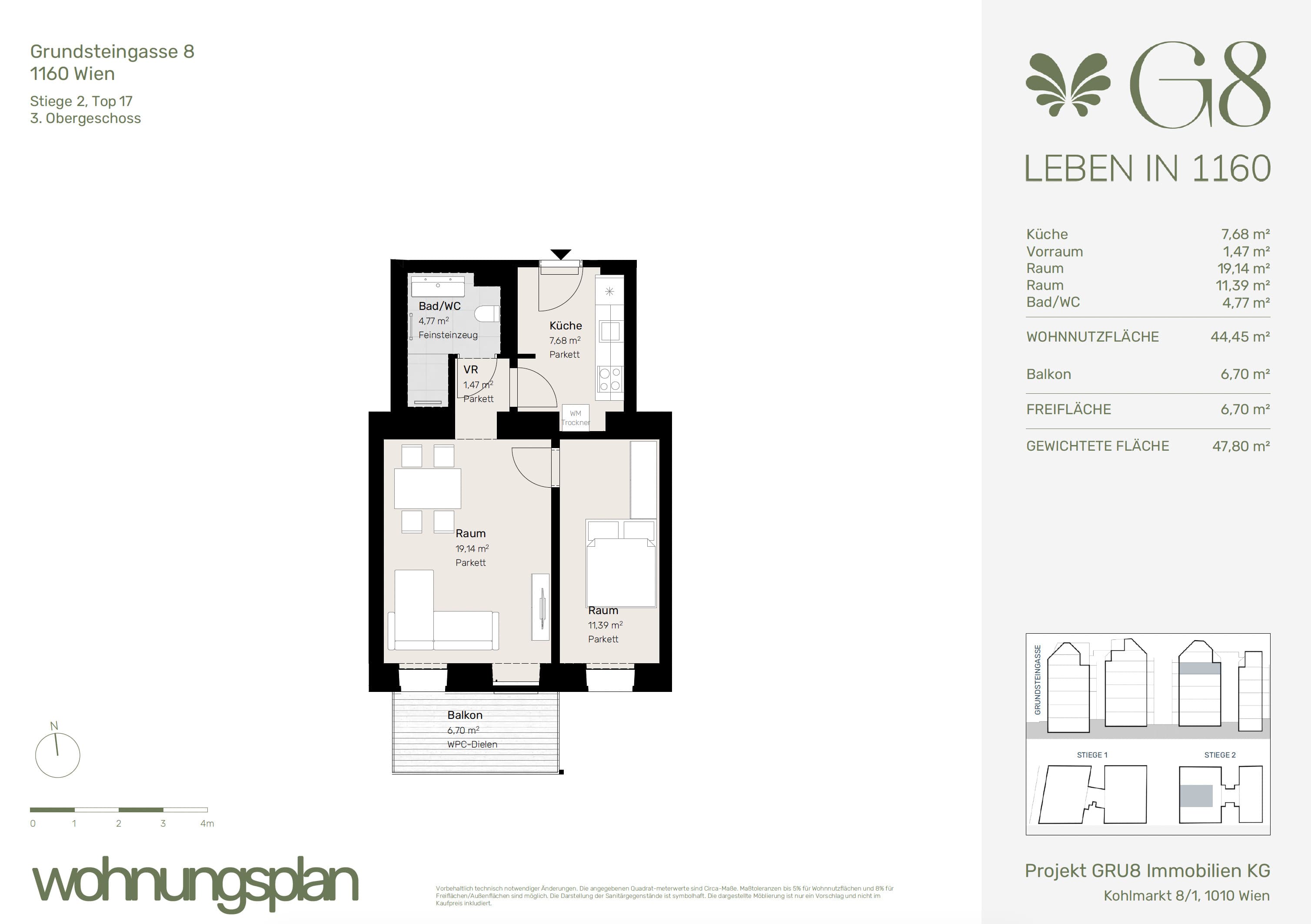 Grundriss Top 2/17 — G8 Living — 2 Zimmer — 44,5 m² — 3. OG