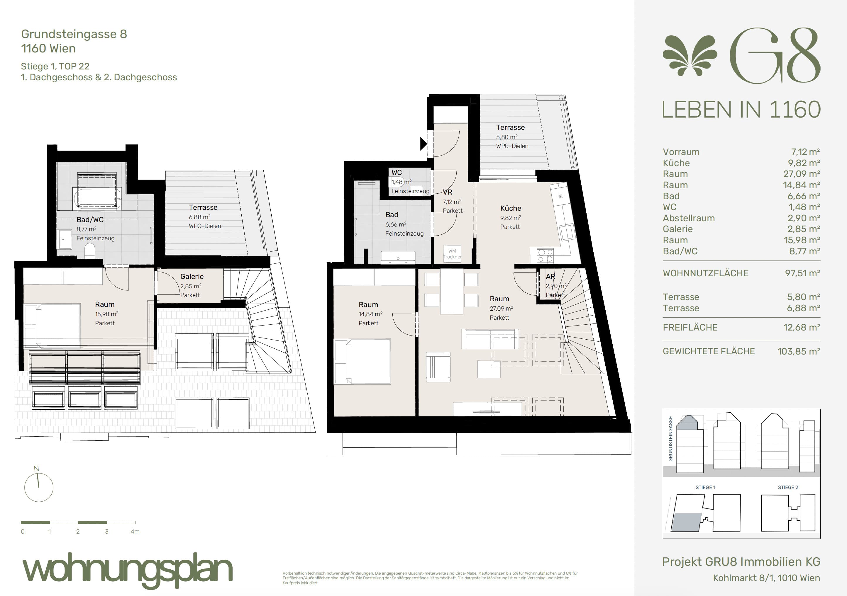 Grundriss Top 1/22 — G8 Living — 3 Zimmer — 97,5 m² — 1. DG