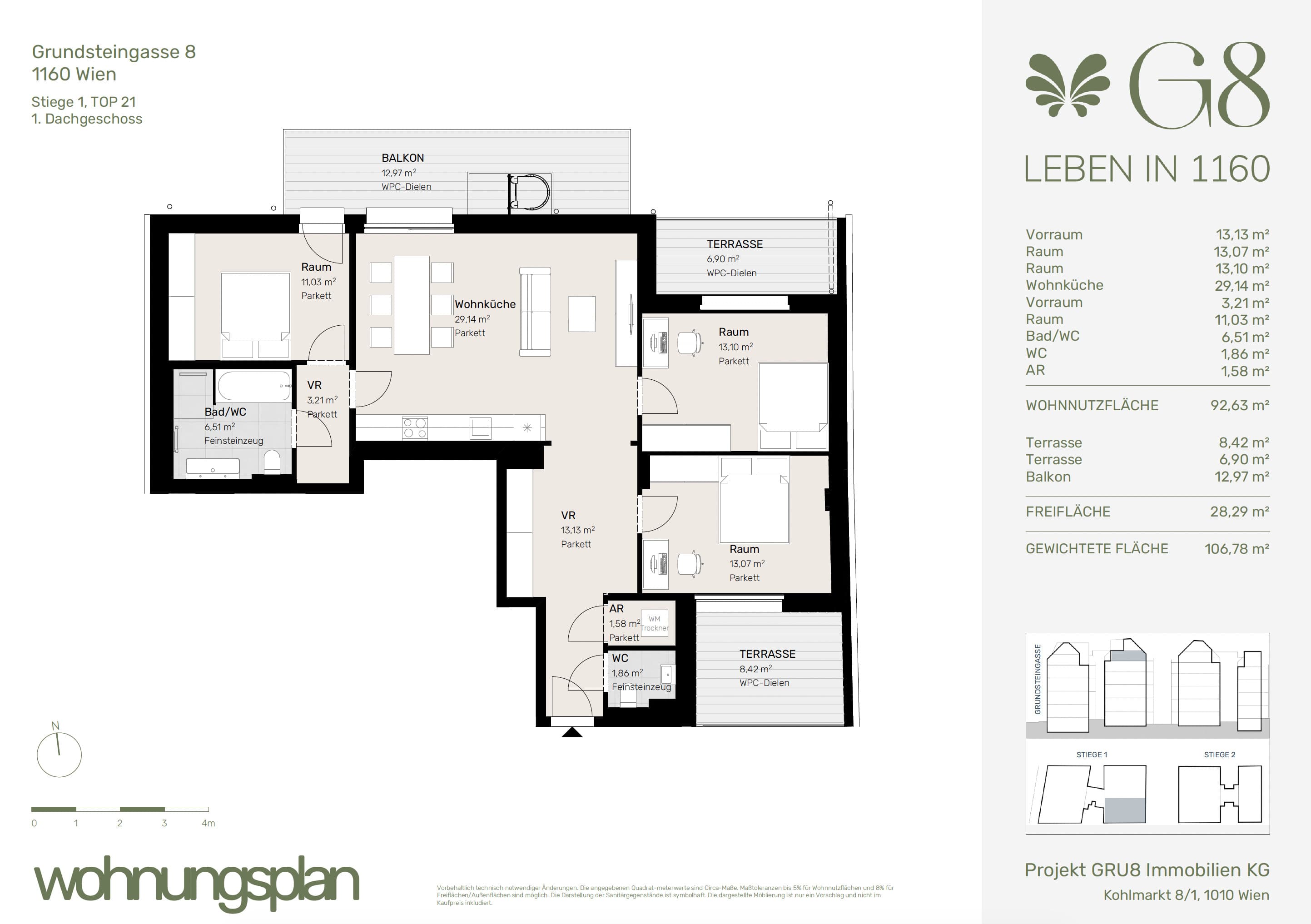Grundriss Top 1/21 — G8 Living — 4 Zimmer — 92,6 m² — 1. DG