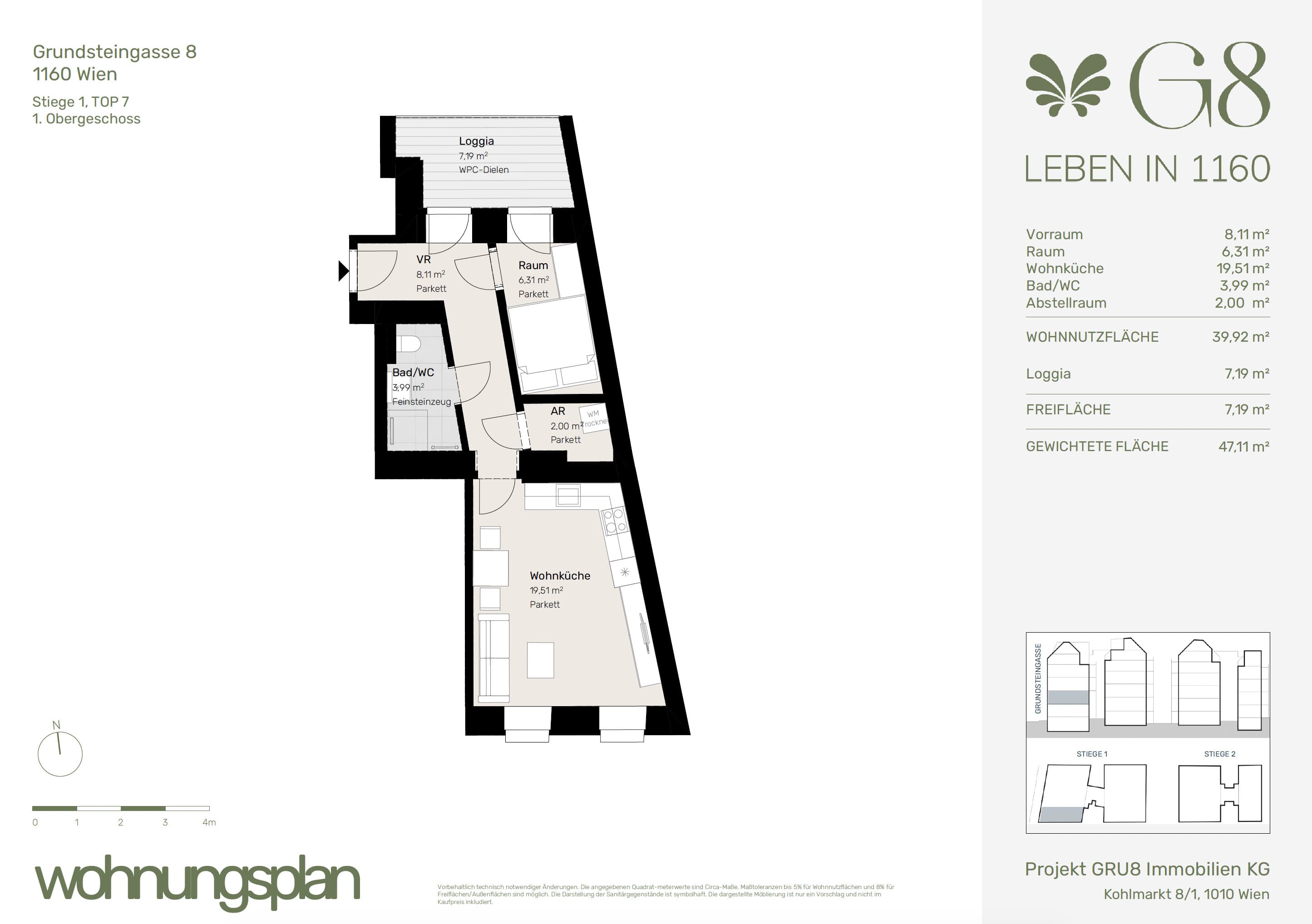 Grundriss Top 1/7 — G8 Living — 2 Zimmer — 39,9 m² — 1. OG