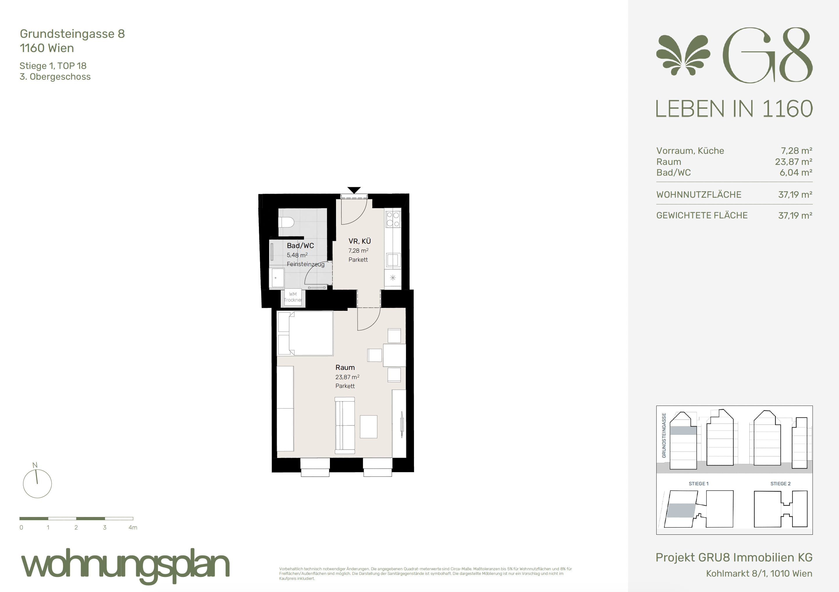 Grundriss Top 1/18 — G8 Living — 1 Zimmer — 37,2 m² — 3. OG