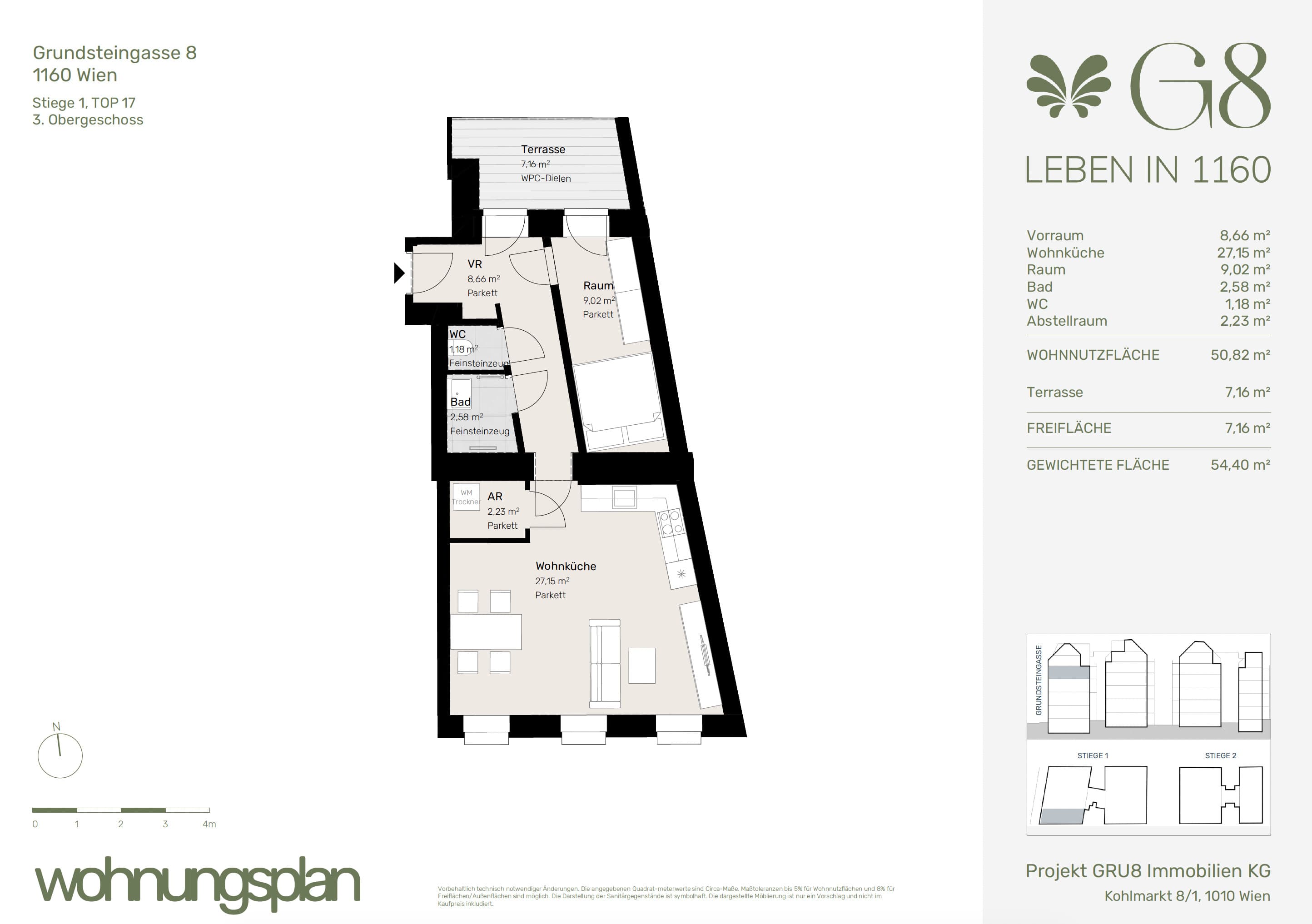 Grundriss Top 1/17 — G8 Living — 2 Zimmer — 50,8 m² — 3. OG