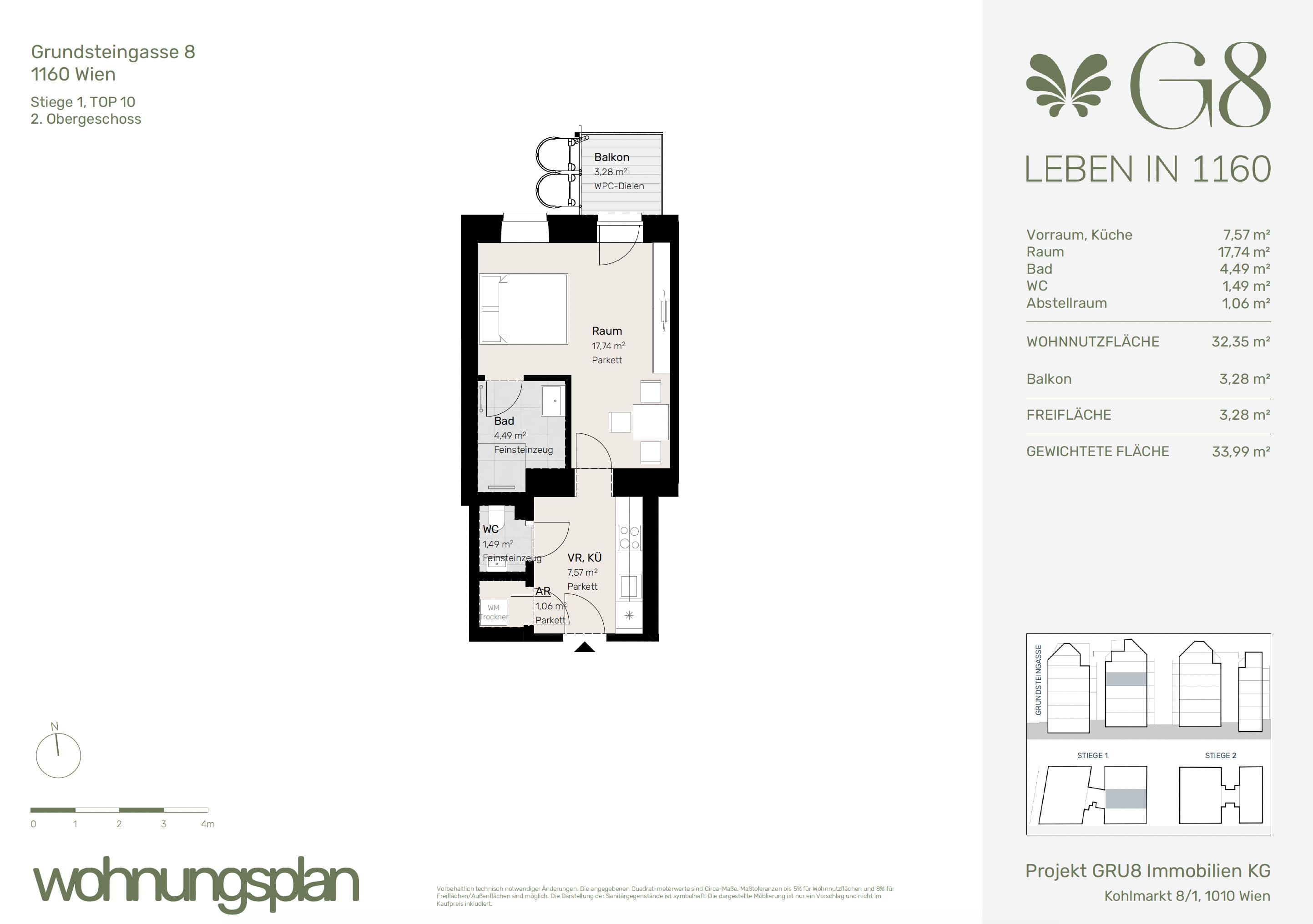 Grundriss Top 1/10 — G8 Living — 1 Zimmer — 32,4 m² — 2. OG