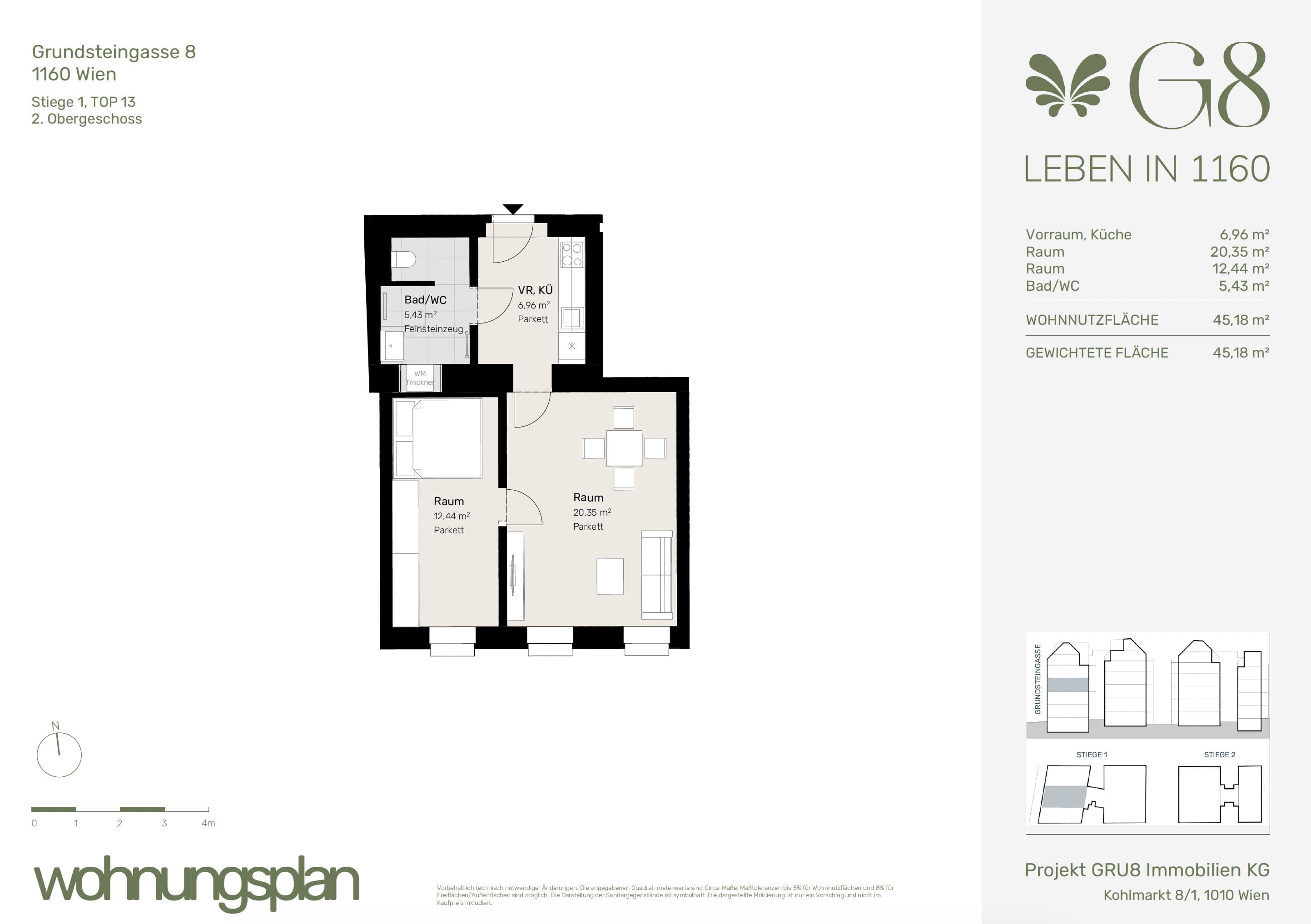 Grundriss Top 1/13 — G8 Living — 2 Zimmer — 45,2 m² — 2. OG