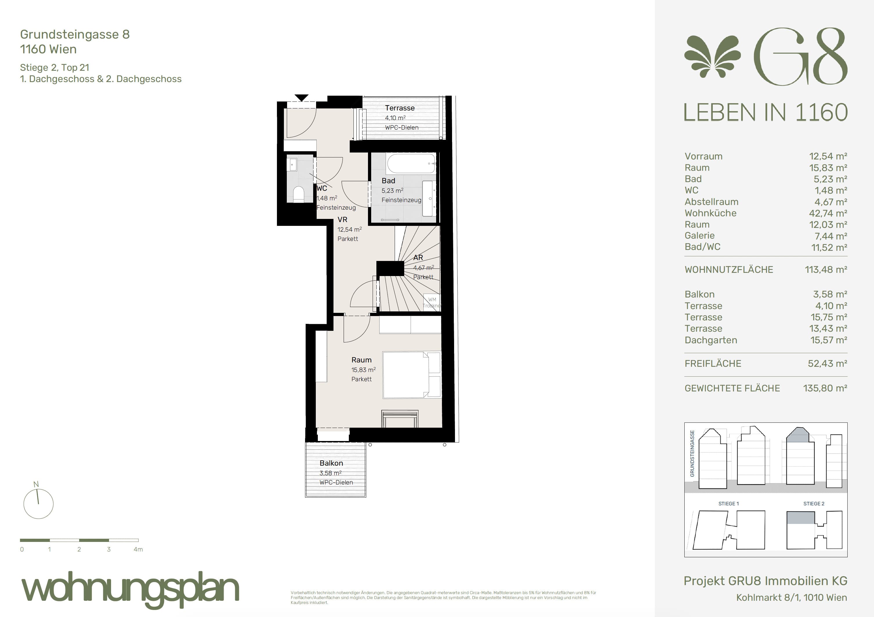 Grundriss Top 2/21 — G8 Living — 3 Zimmer — 113,5 m² — 1. DG — Grundriss 1/2