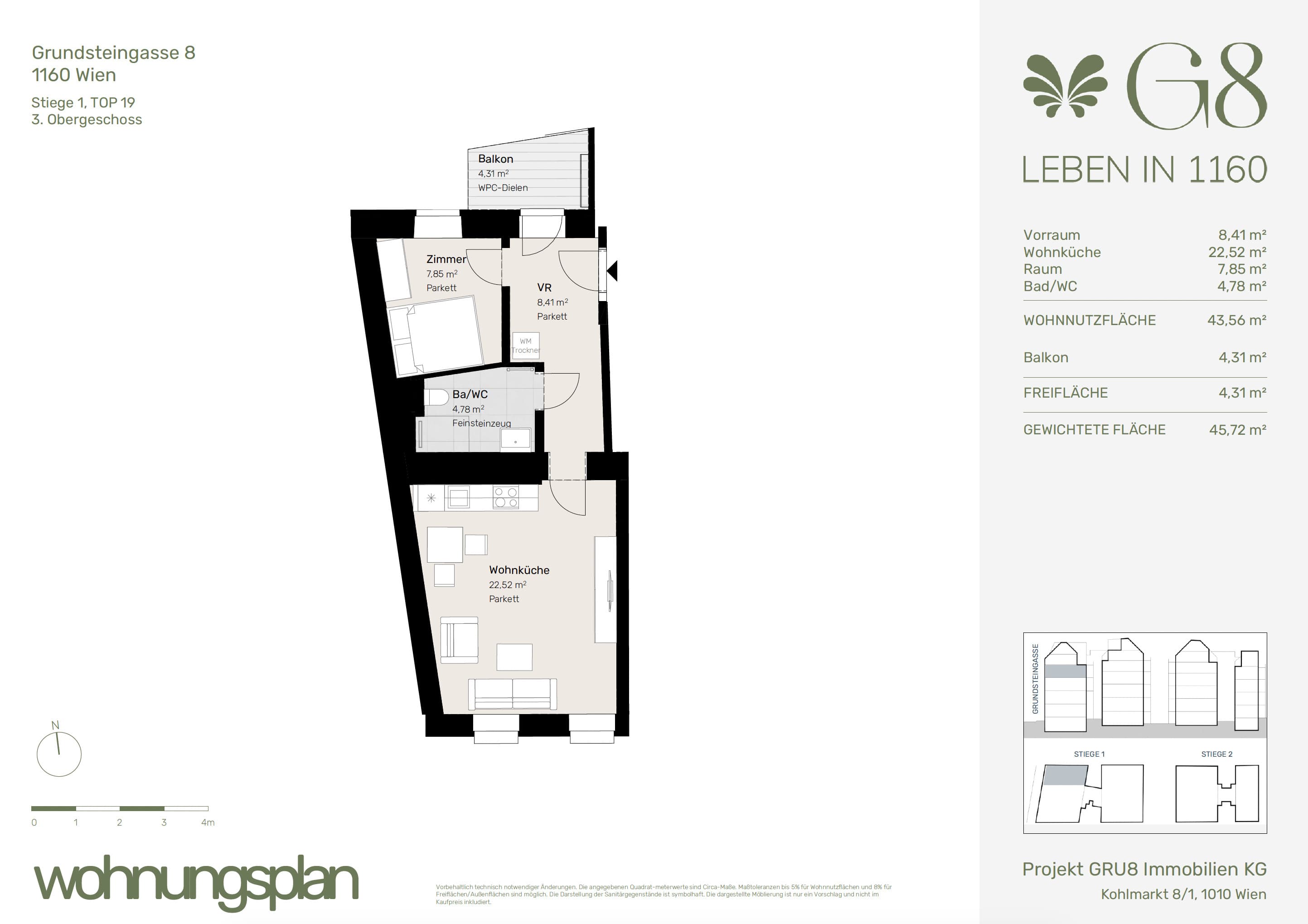 Grundriss Top 1/19 — G8 Living — 2 Zimmer — 43,6 m² — 3. OG