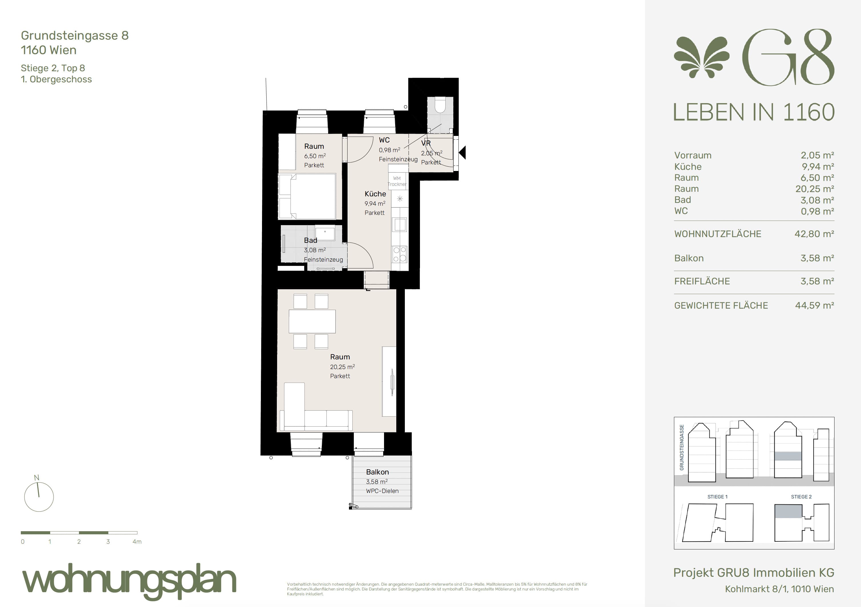 Grundriss Top 2/8 — G8 Living — 2 Zimmer — 42,8 m² — 1. OG