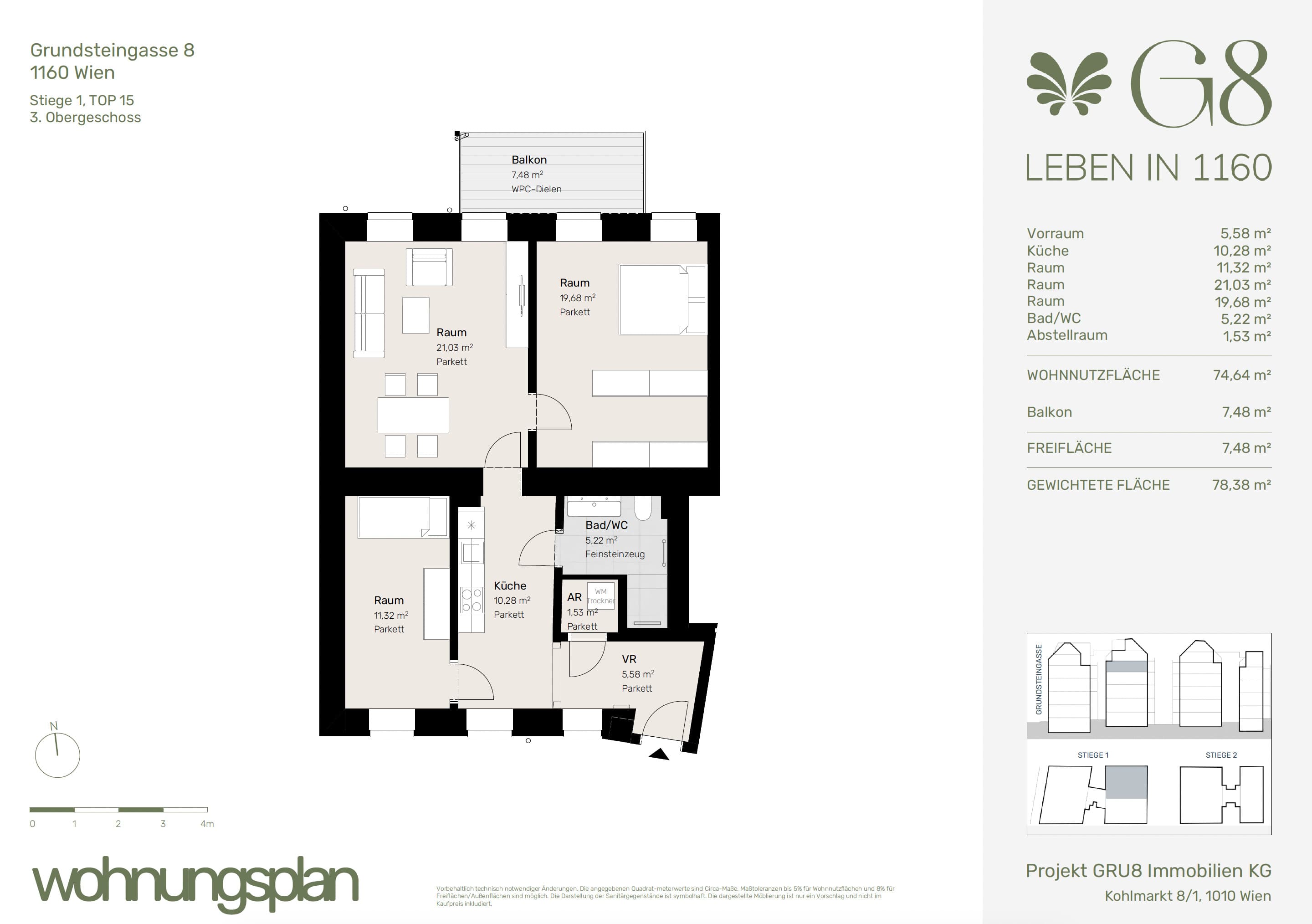 Grundriss Top 1/15 — G8 Living — 3 Zimmer — 74,6 m² — 3. OG