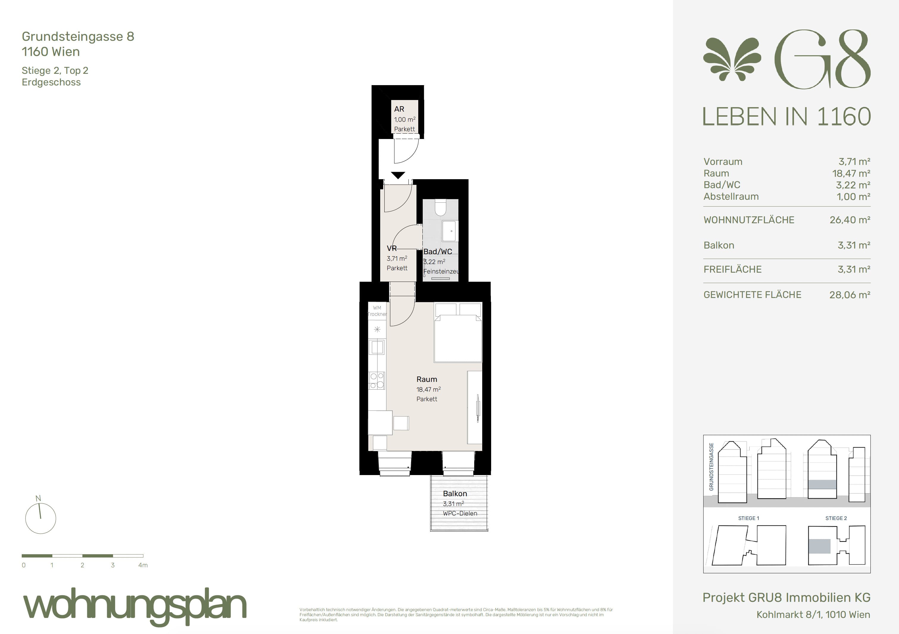 Grundriss Top 2/2 — G8 Living — 1 Zimmer — 26,4 m² — EG