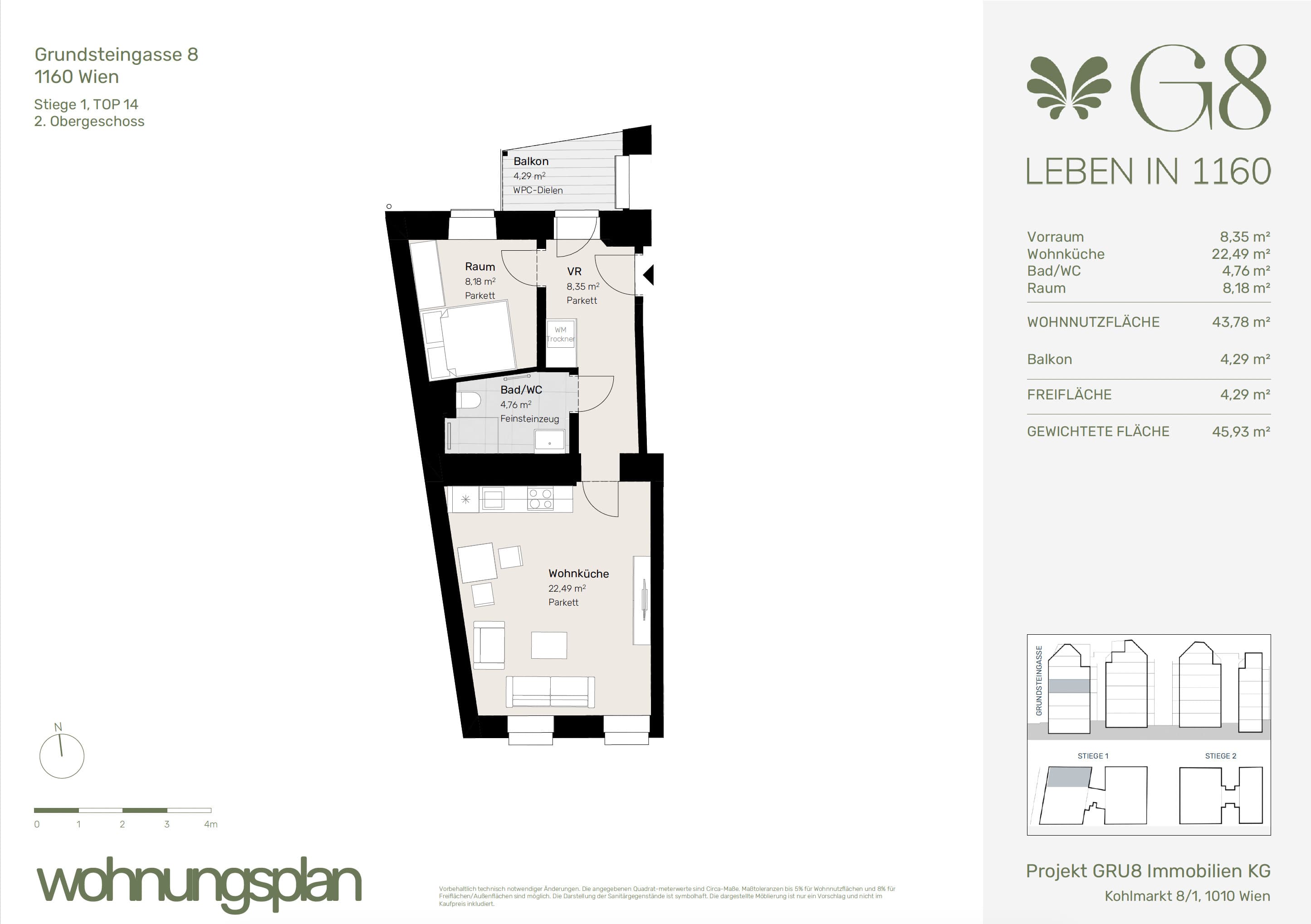 Grundriss Top 1/14 — G8 Living — 2 Zimmer — 43,8 m² — 2. OG
