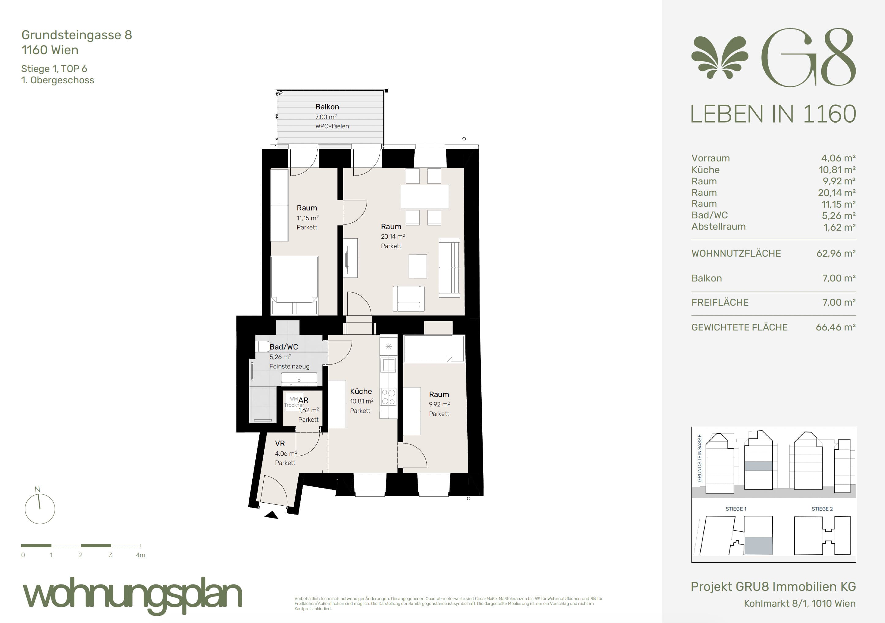 Grundriss Top 1/6 — G8 Living — 3 Zimmer — 62,7 m² — 1. OG