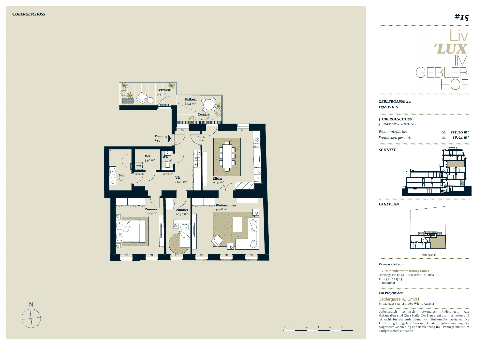 Grundriss Top 15 — Liv im Geblerhof — 2 Zimmer — 115,2 m² — OG3 — Grundriss 1/2