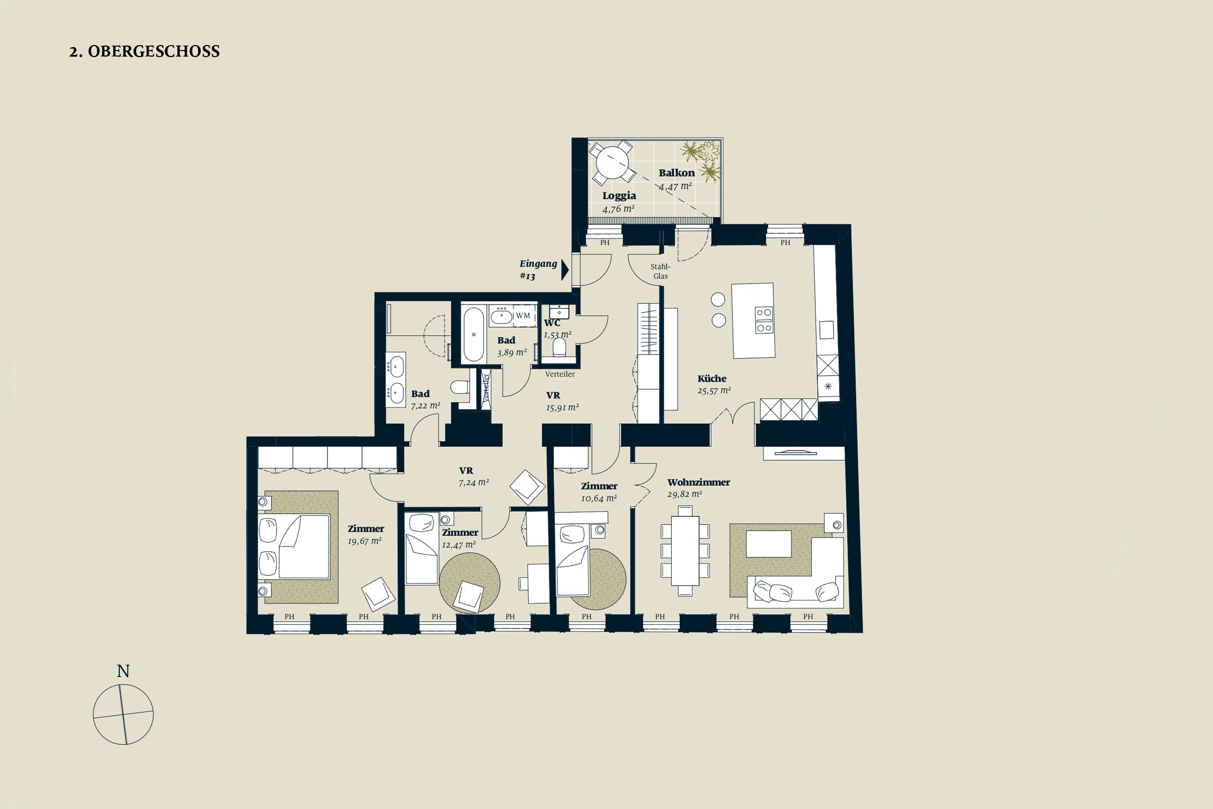 Grundriss Top 13 — Liv im Geblerhof — 4 Zimmer — 134 m² — OG2 — Grundriss 2/2