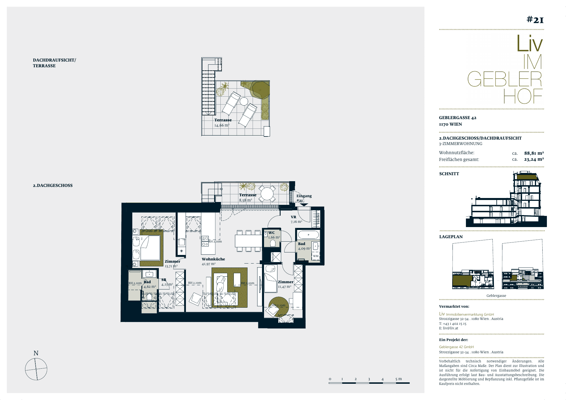 Grundriss Top 21 — Liv im Geblerhof — 3 Zimmer — 88,8 m² — DG2 — Grundriss 1/2