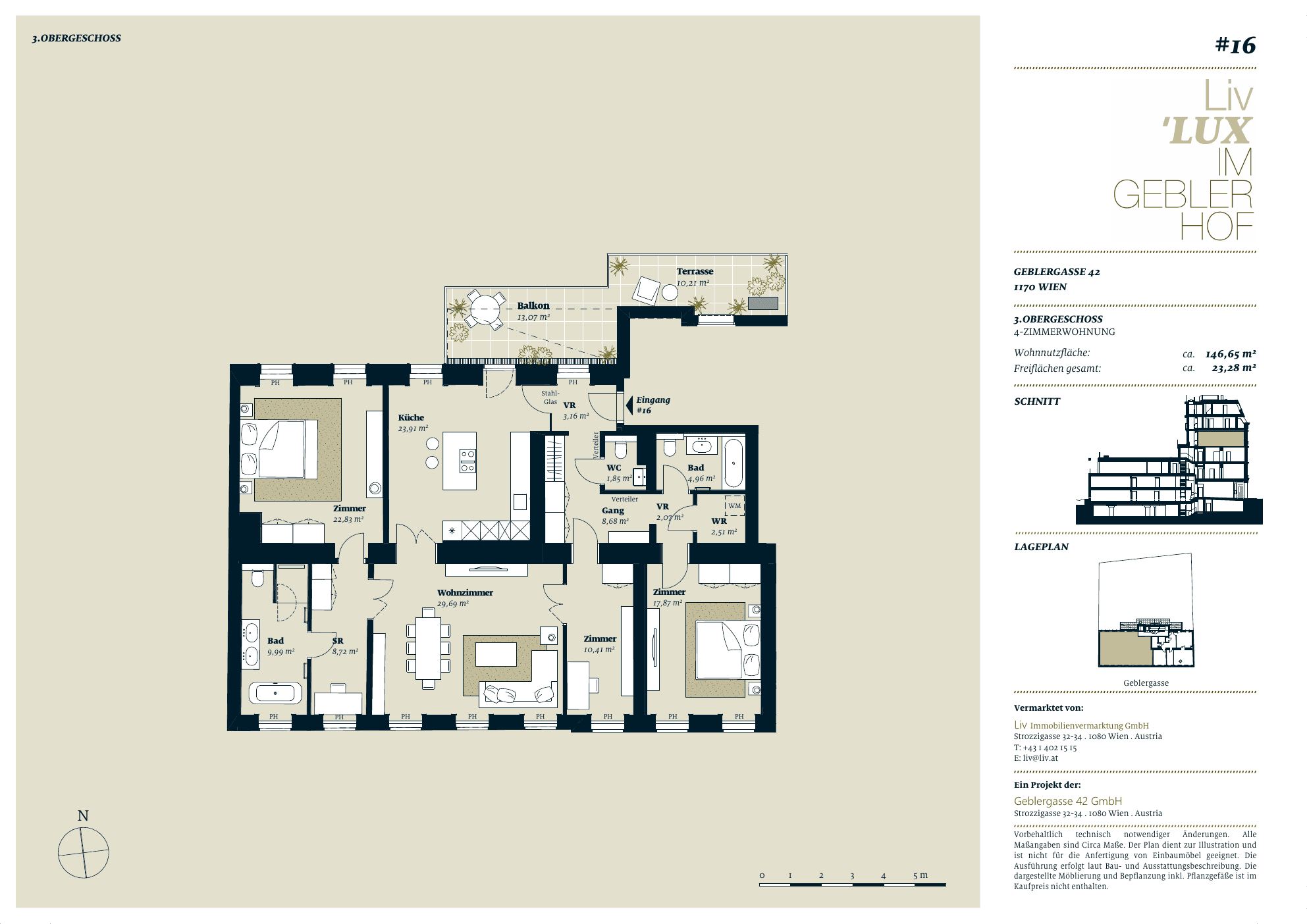 Grundriss Top 16 — Liv im Geblerhof — 4 Zimmer — 146,7 m² — OG3 — Grundriss 1/2