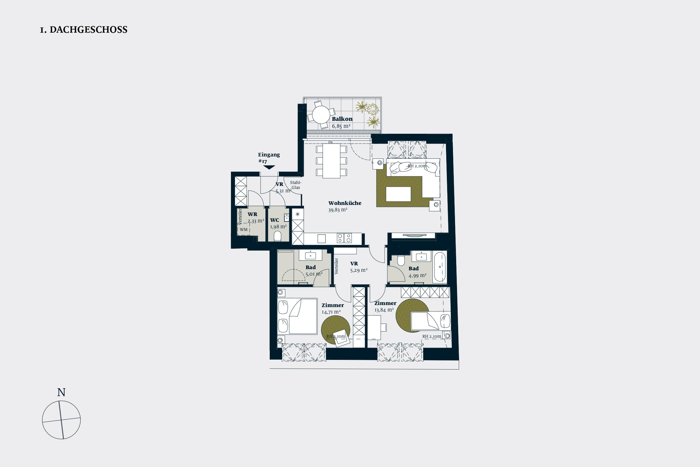 Grundriss Top 17 — Liv im Geblerhof — 3 Zimmer — 93,3 m² — DG1 — Grundriss 2/2