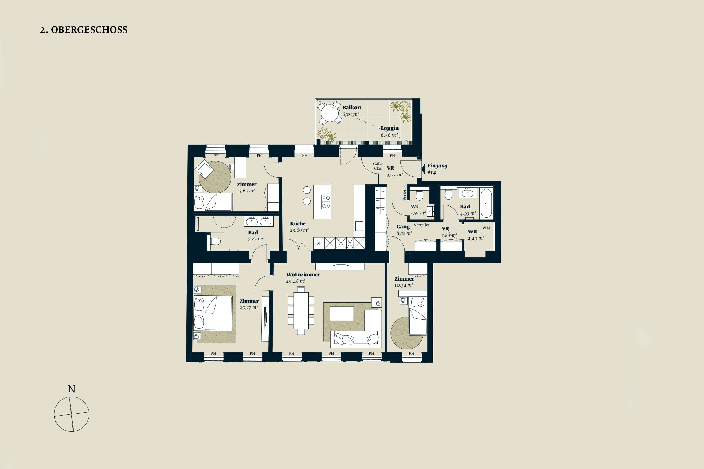 Grundriss Top 14 — Liv im Geblerhof — 4 Zimmer — 128,3 m² — OG2 — Grundriss 2/2
