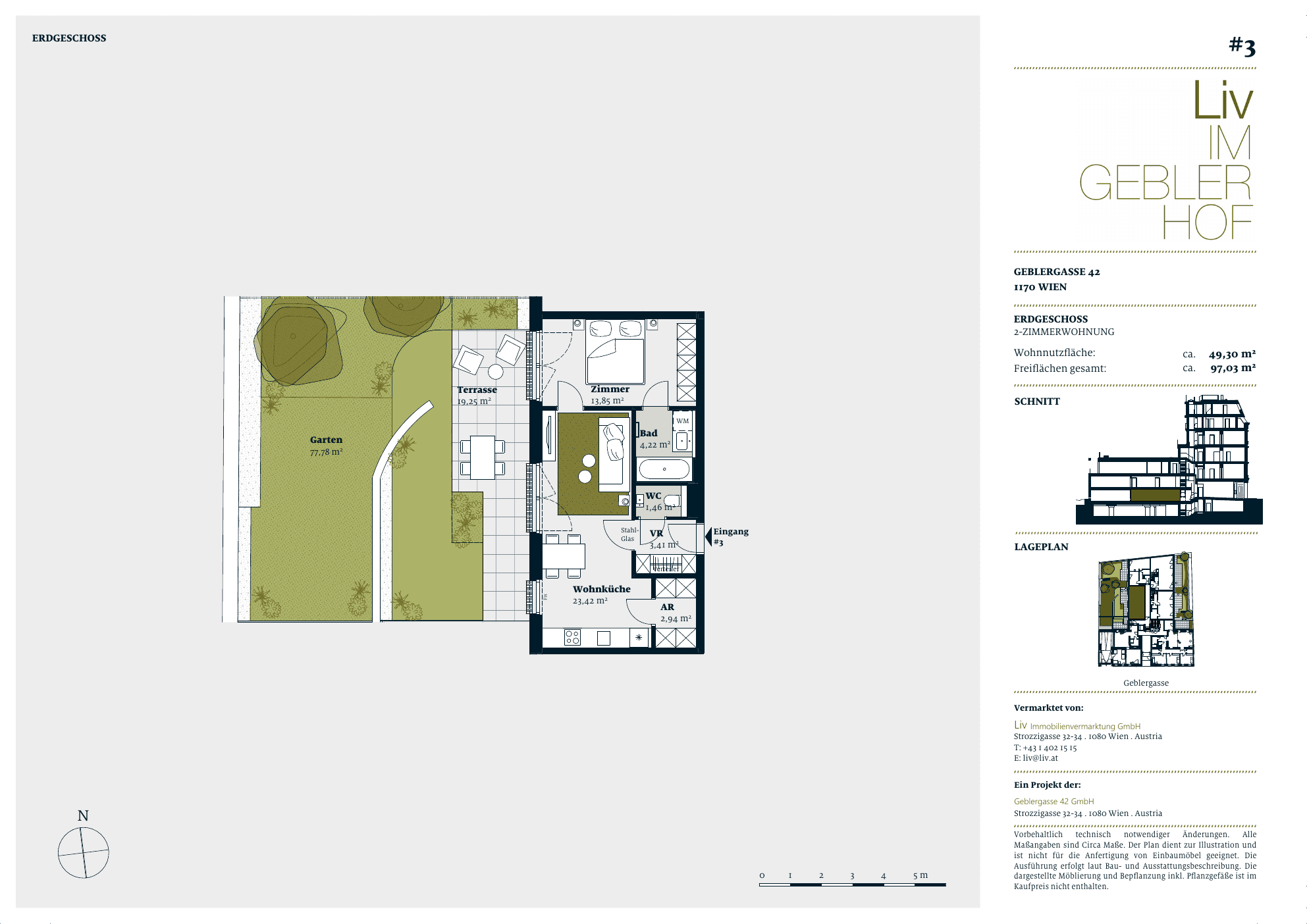Grundriss Top 03 — Liv im Geblerhof — 2 Zimmer — 49,3 m² — EG — Grundriss 1/2