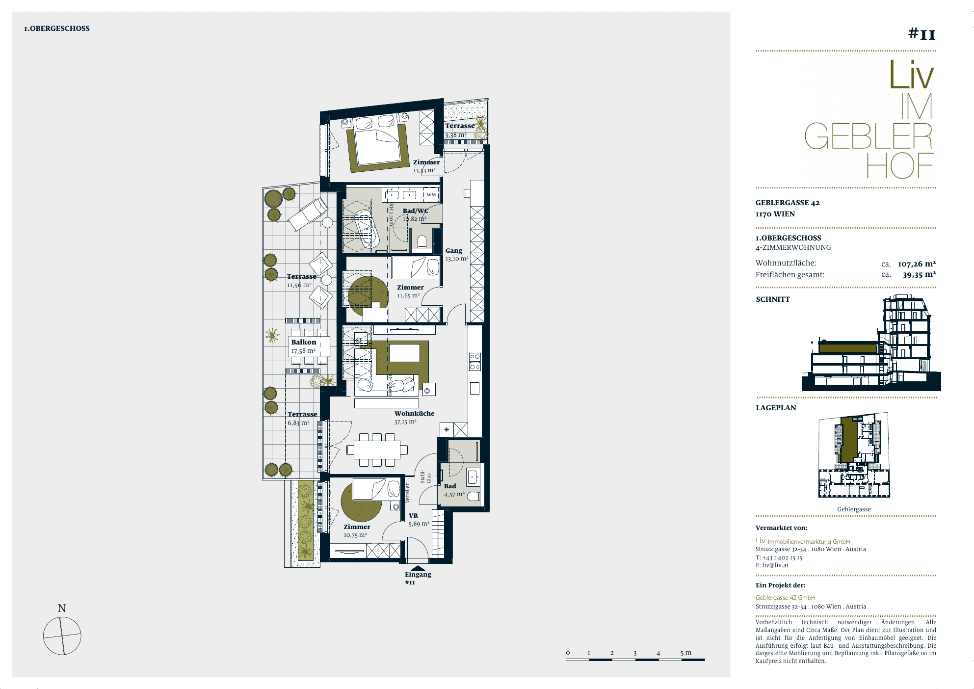 Grundriss Top 11 — Liv im Geblerhof — 4 Zimmer — 107,3 m² — OG1 — Grundriss 1/2