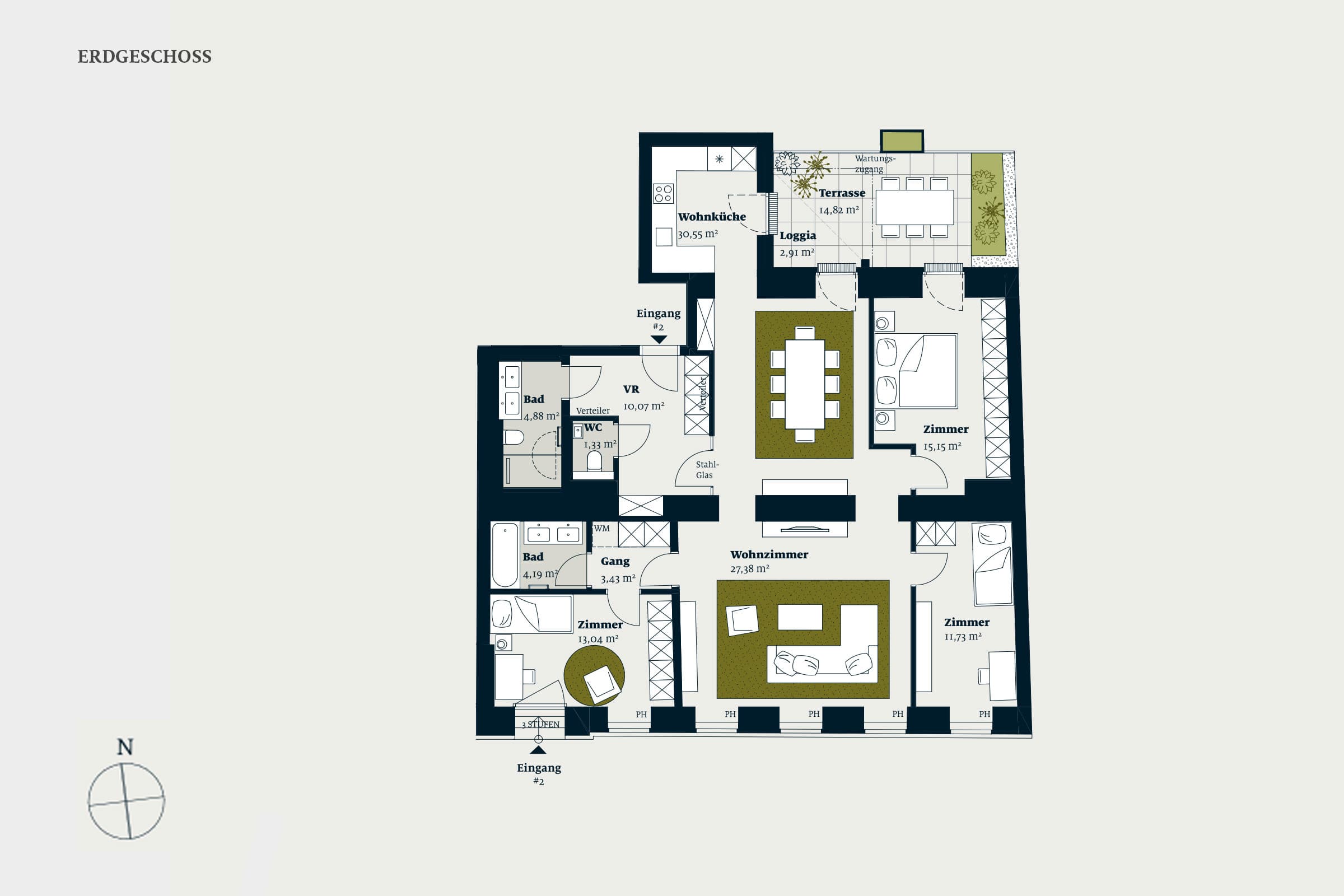 Grundriss Top 02 — Liv im Geblerhof — 4 Zimmer — 121,8 m² — EG — Grundriss 2/2