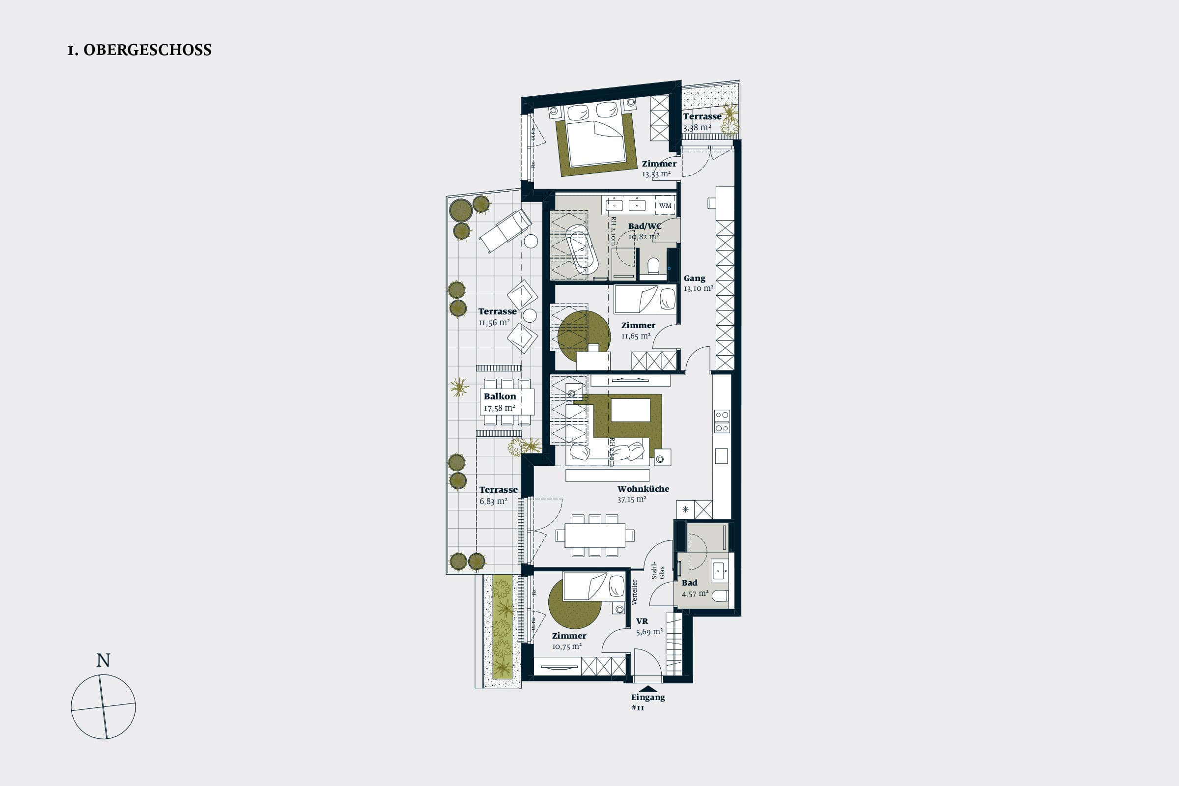 Grundriss Top 11 — Liv im Geblerhof — 4 Zimmer — 107,3 m² — OG1 — Grundriss 2/2