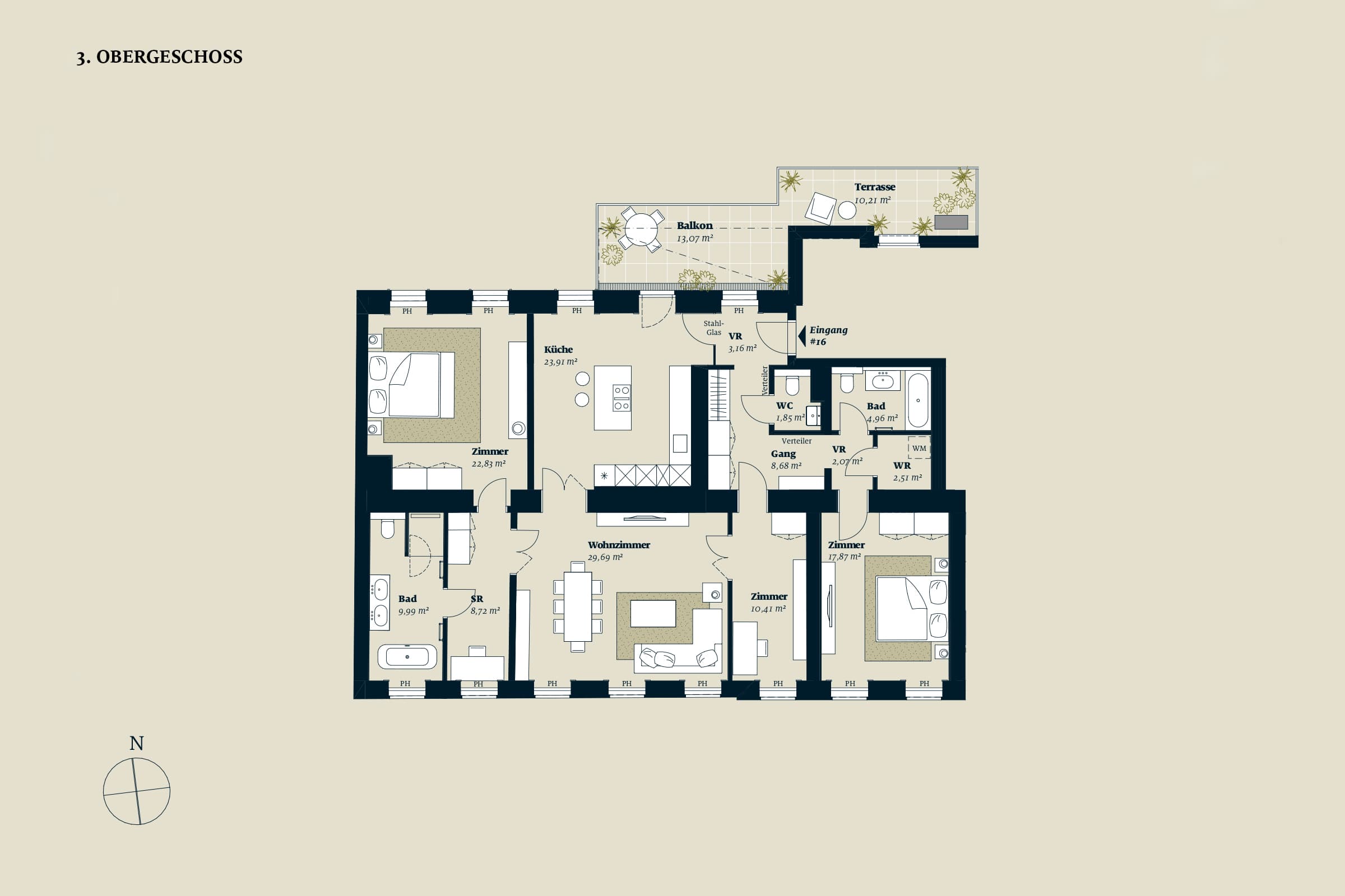 Grundriss Top 16 — Liv im Geblerhof — 4 Zimmer — 146,7 m² — OG3 — Grundriss 2/2