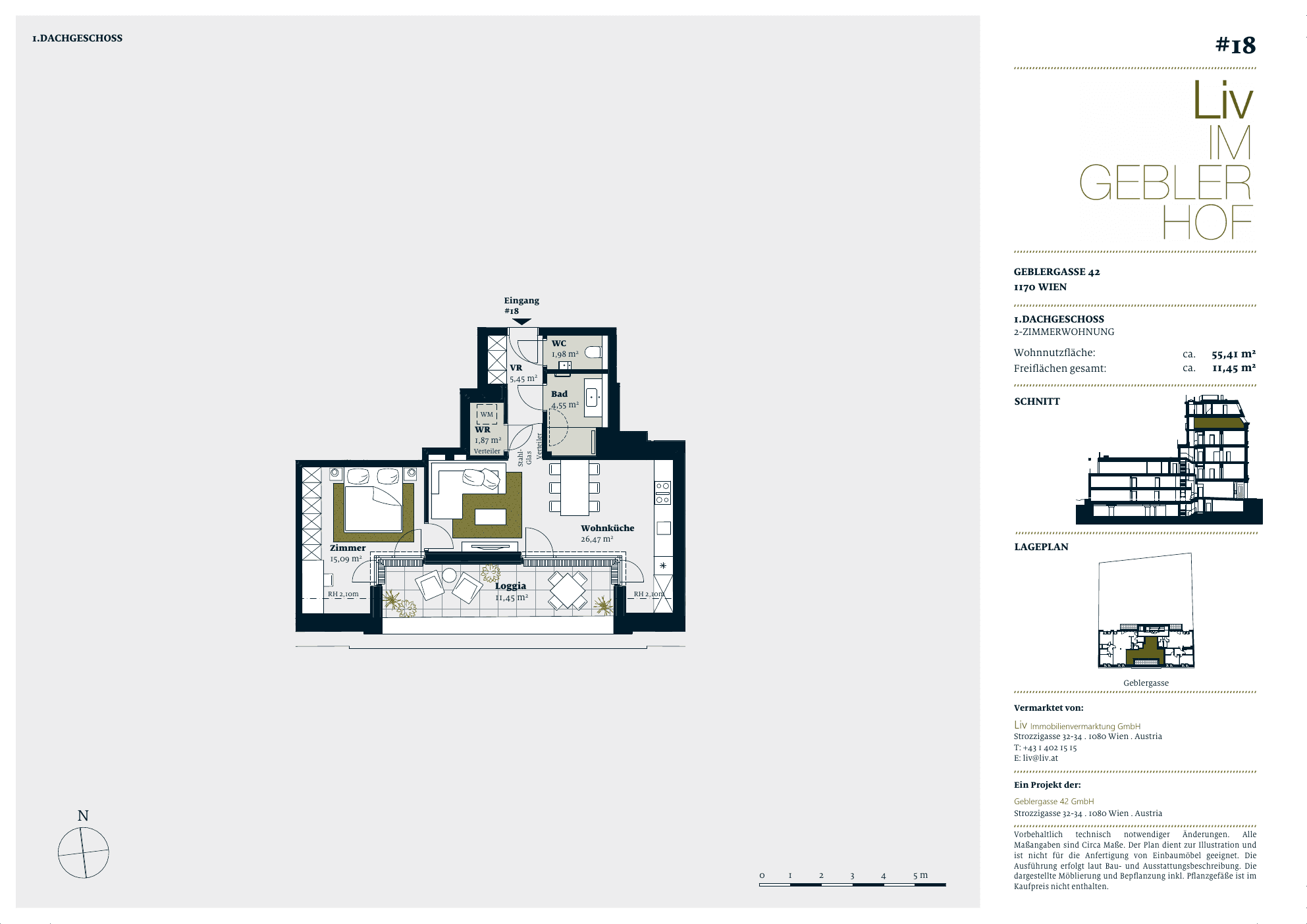 Grundriss Top 18 — Liv im Geblerhof — 2 Zimmer — 55,4 m² — DG1 — Grundriss 1/2