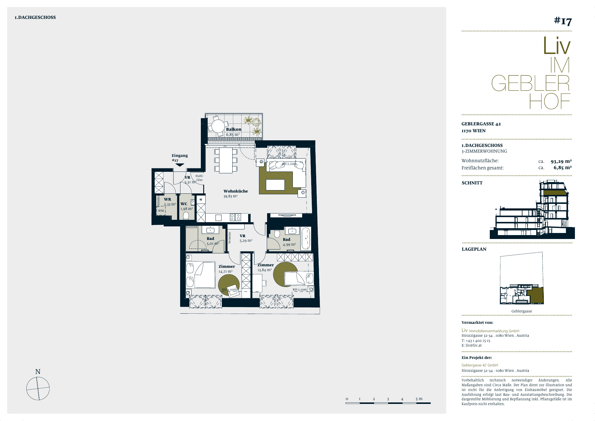 Grundriss Top 17 — Liv im Geblerhof — 3 Zimmer — 93,3 m² — DG1 — Grundriss 1/2
