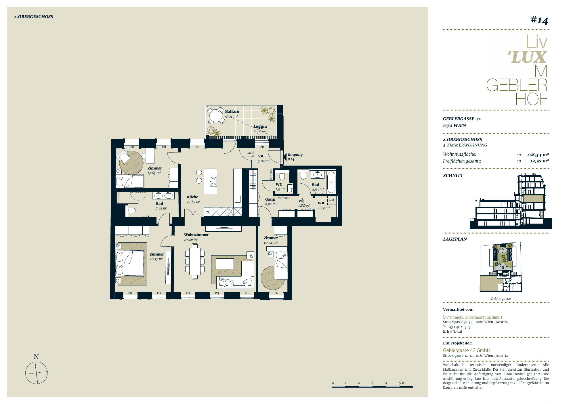 Grundriss Top 14 — Liv im Geblerhof — 4 Zimmer — 128,3 m² — OG2 — Grundriss 1/2
