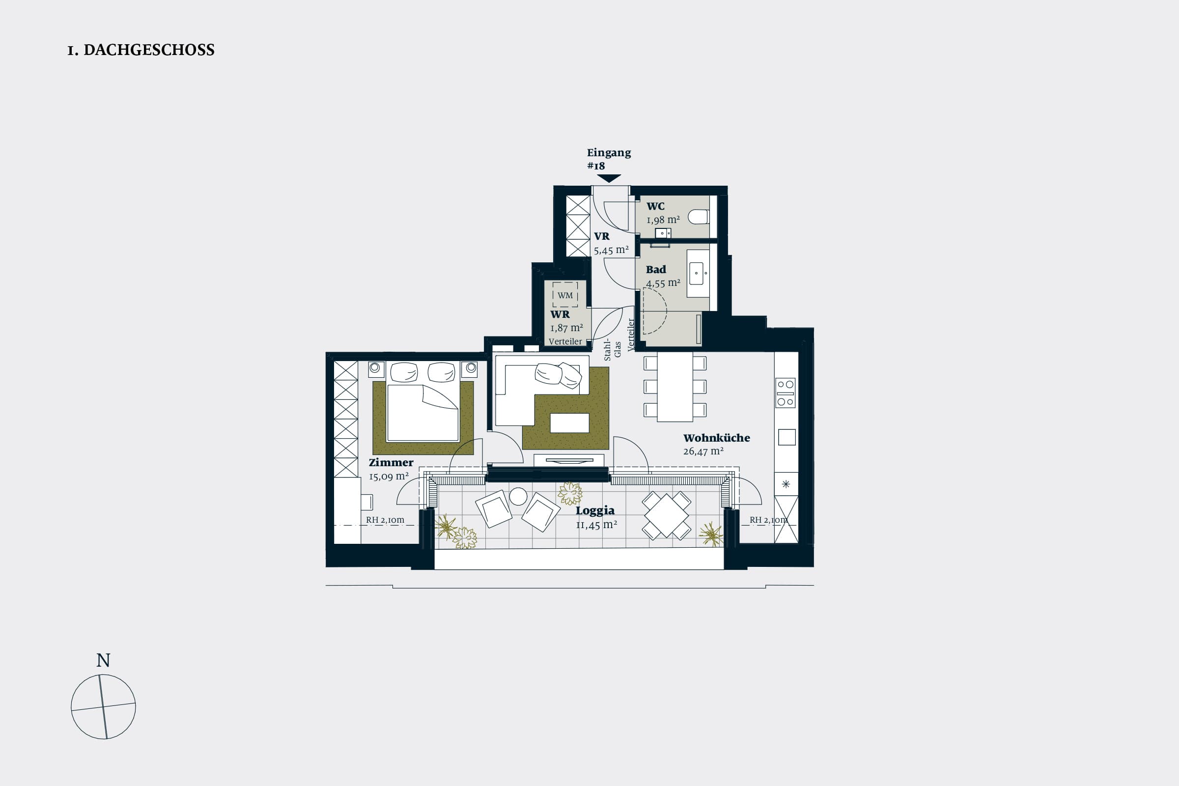 Grundriss Top 18 — Liv im Geblerhof — 2 Zimmer — 55,4 m² — DG1 — Grundriss 2/2