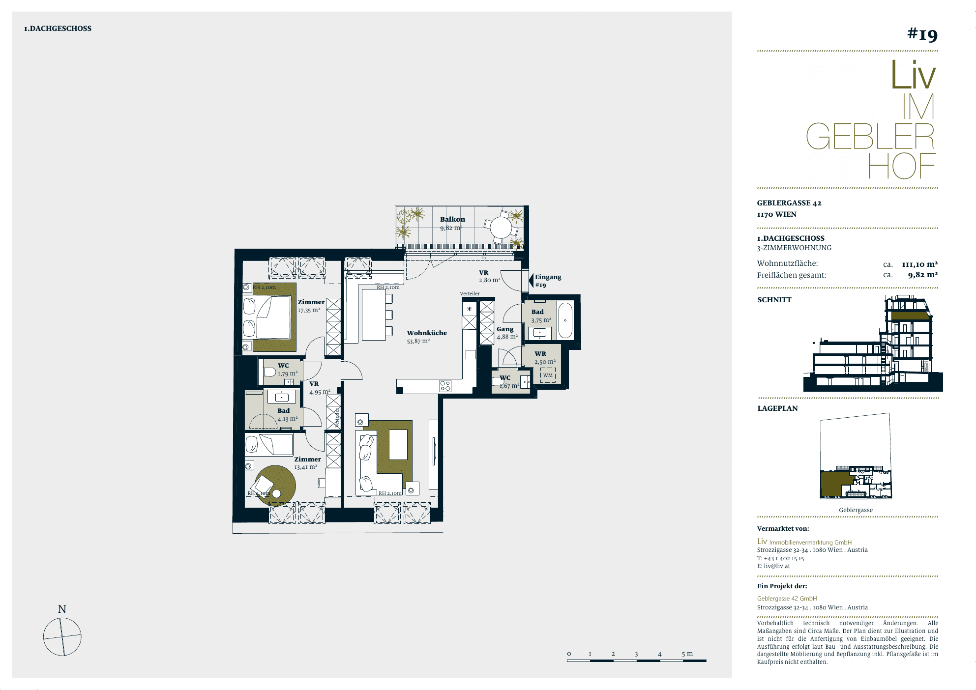 Grundriss Top 19 — Liv im Geblerhof — 3 Zimmer — 111,1 m² — DG1 — Grundriss 1/2