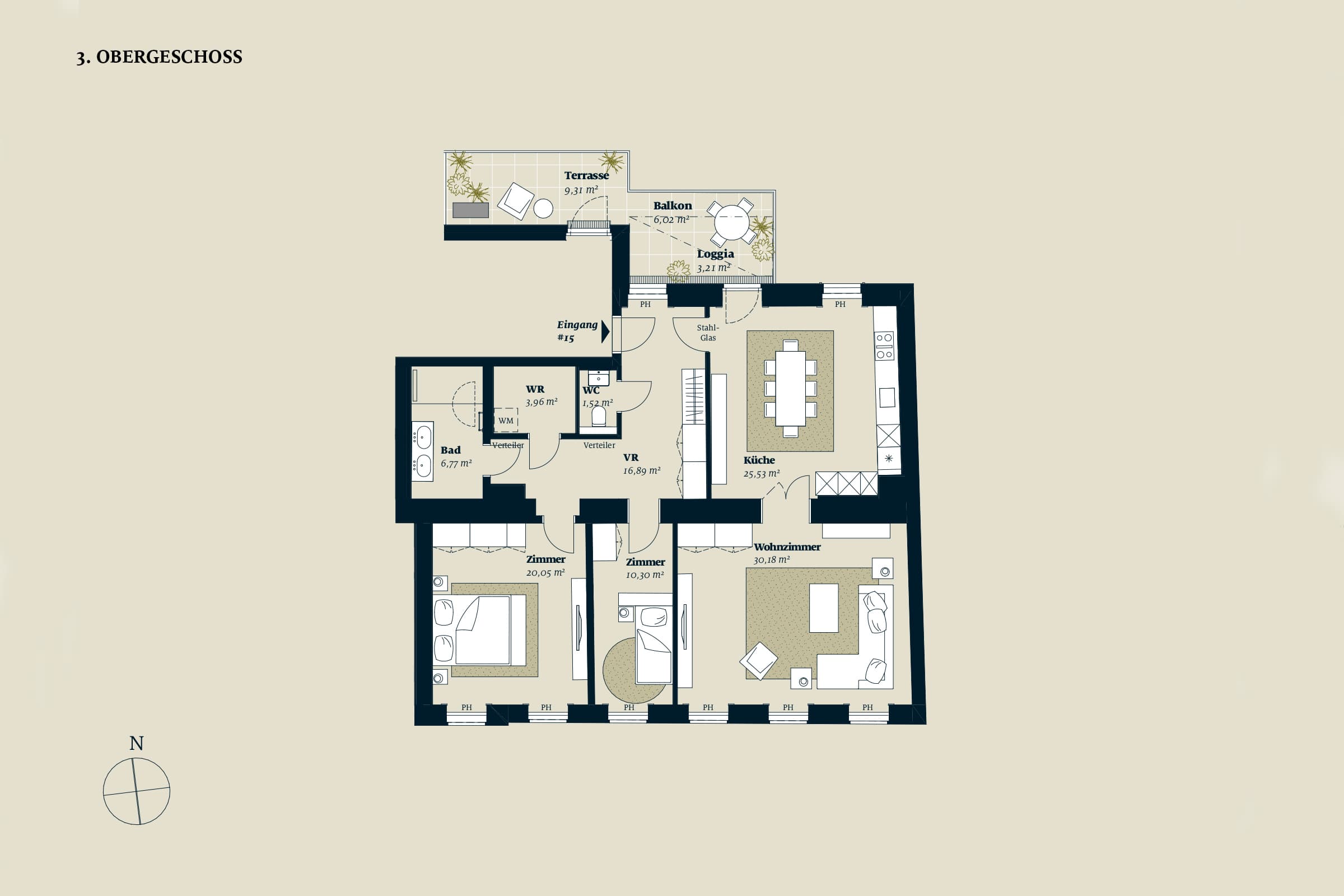 Grundriss Top 15 — Liv im Geblerhof — 2 Zimmer — 115,2 m² — OG3 — Grundriss 2/2