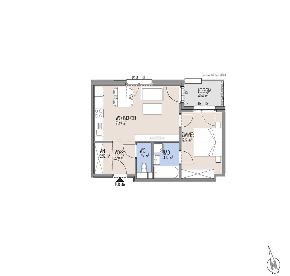 Grundriss Top 01-046 — Gelber Hof – Hausfelder Höfe — 2 Zimmer — 45,7 m² — 4. OG