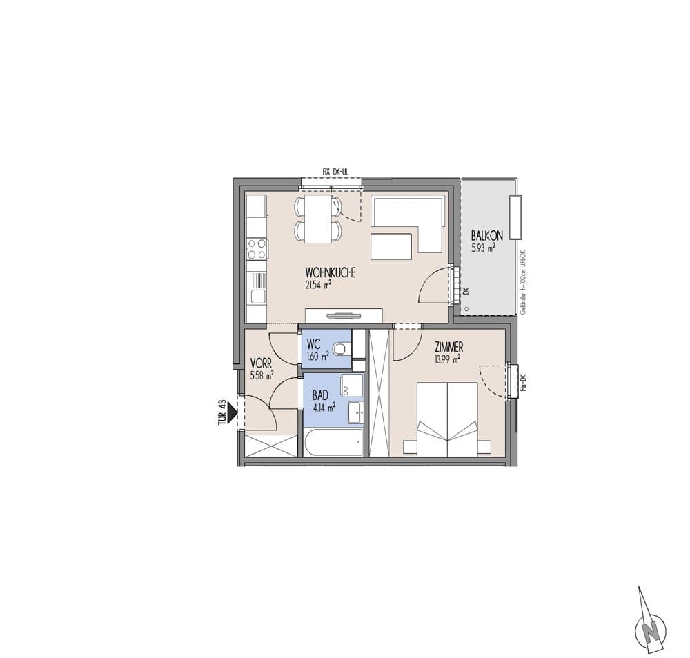 Floorplan Top 01-043 — Gelber Hof – Hausfelder Höfe — 2 Rooms — 46.9 m² — 3. OG