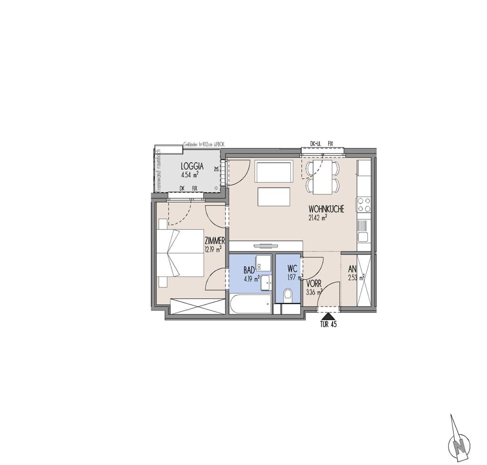 Grundriss Top 01-045 — Gelber Hof – Hausfelder Höfe — 2 Zimmer — 45,7 m² — 4. OG