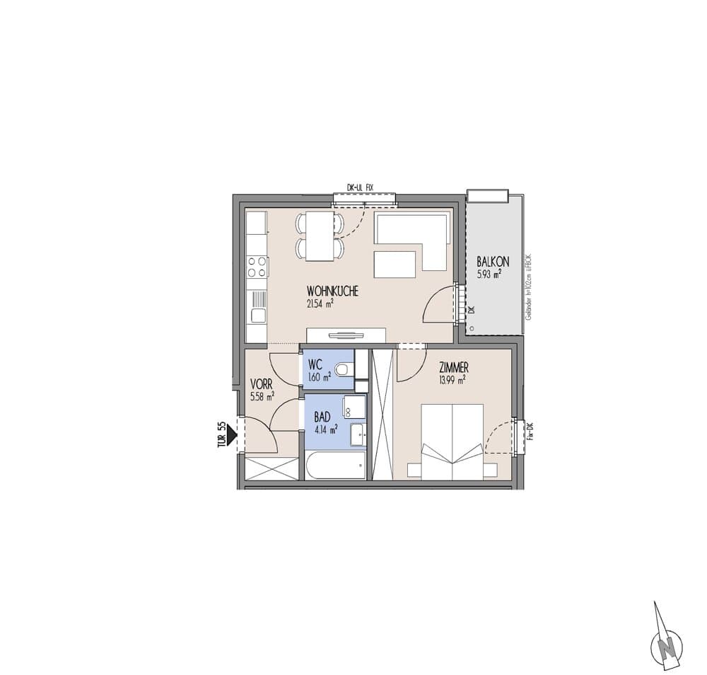 Grundriss Top 01-055 — Gelber Hof – Hausfelder Höfe — 2 Zimmer — 46,9 m² — 4. OG