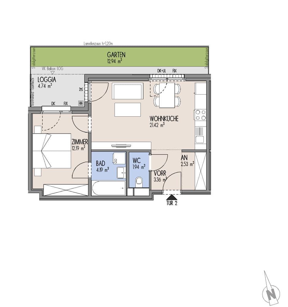 Grundriss Top 01-002 — Gelber Hof – Hausfelder Höfe — 2 Zimmer — 45,6 m² — EG
