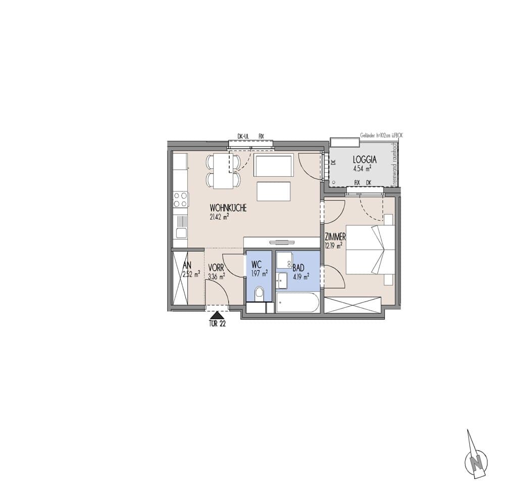 Grundriss Top 01-022 — Gelber Hof – Hausfelder Höfe — 2 Zimmer — 45,7 m² — 2. OG