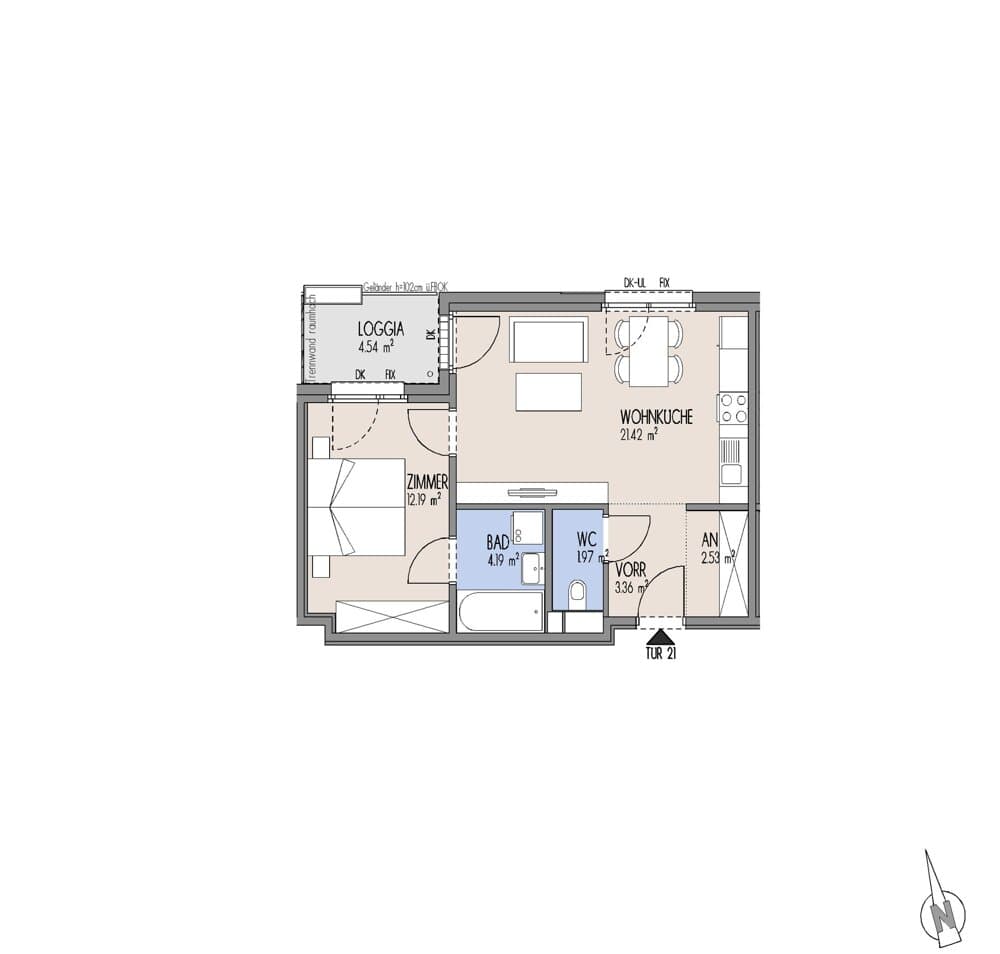 Grundriss Top 01-021 — Gelber Hof – Hausfelder Höfe — 2 Zimmer — 45,7 m² — 2. OG