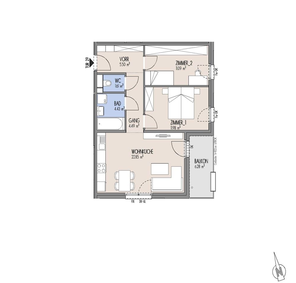 Grundriss Top 01-029 — Gelber Hof – Hausfelder Höfe — 3 Zimmer — 62 m² — 2. OG