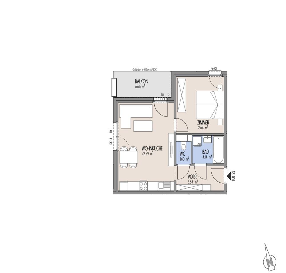 Grundriss Top 01-023 — Gelber Hof – Hausfelder Höfe — 2 Zimmer — 46,8 m² — 2. OG