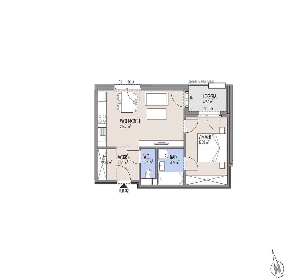 Grundriss Top 01-032 — Gelber Hof – Hausfelder Höfe — 2 Zimmer — 45,9 m² — 3. OG