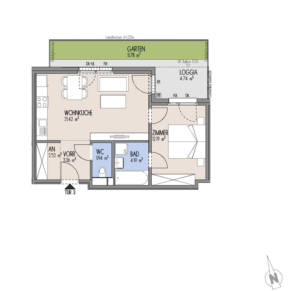 Floorplan Top 01-003 — Gelber Hof – Hausfelder Höfe — 2 Rooms — 45.6 m² — EG