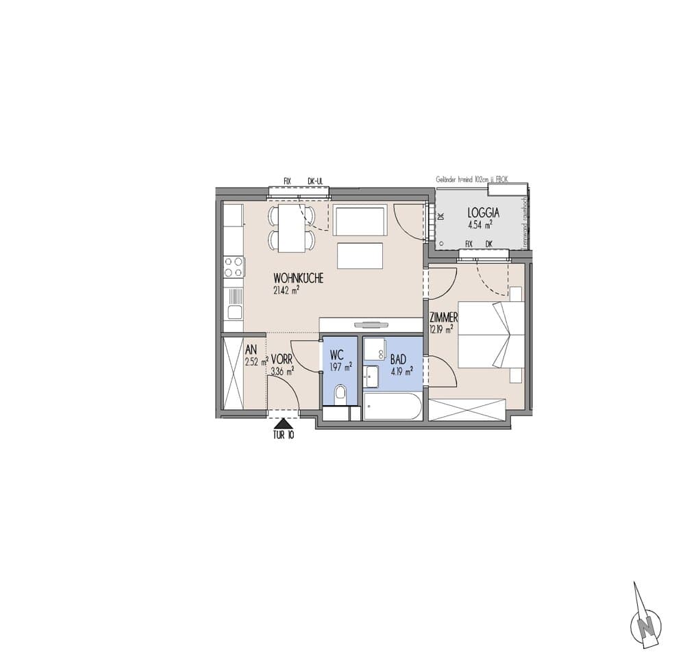 Floorplan Top 01-010 — Gelber Hof – Hausfelder Höfe — 2 Rooms — 45.7 m² — 1. OG