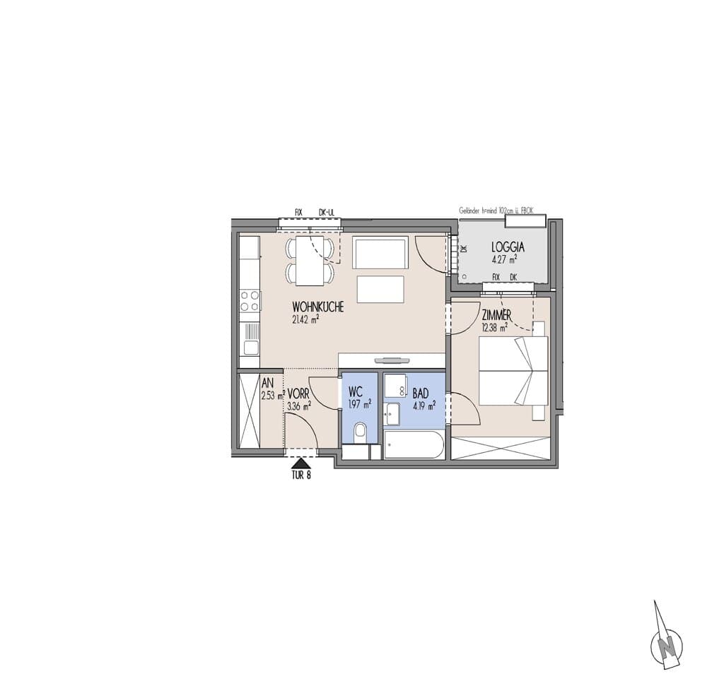 Grundriss Top 01-008 — Gelber Hof – Hausfelder Höfe — 2 Zimmer — 45,9 m² — 1. OG